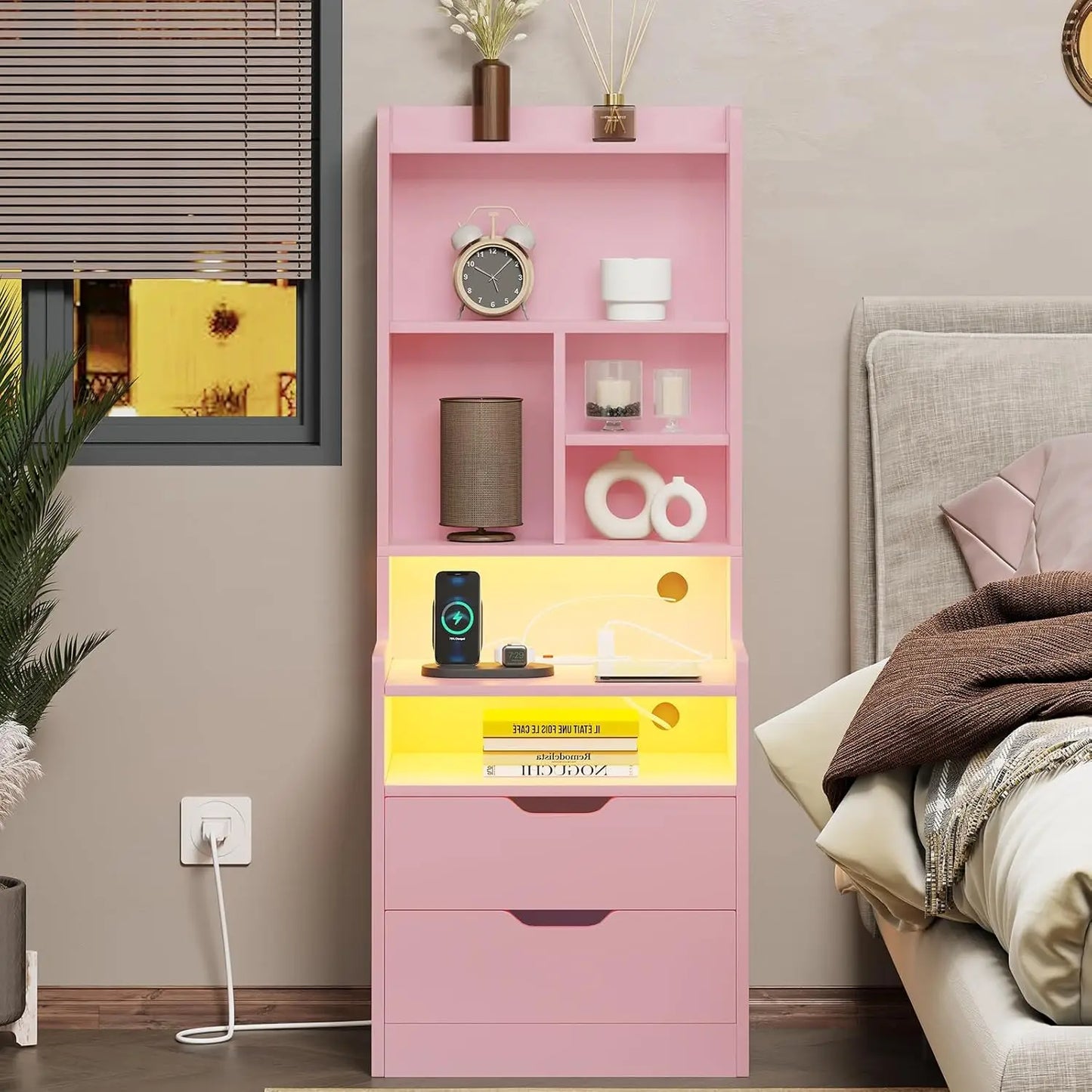Tall Nightstand With Charging Station Led Lights And Bookshelf