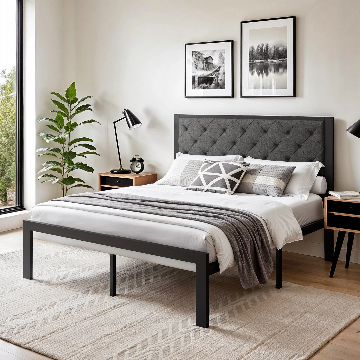 HOOMIC Metal Bed Frame With Upholstered Headboard, Sturdy Foundation