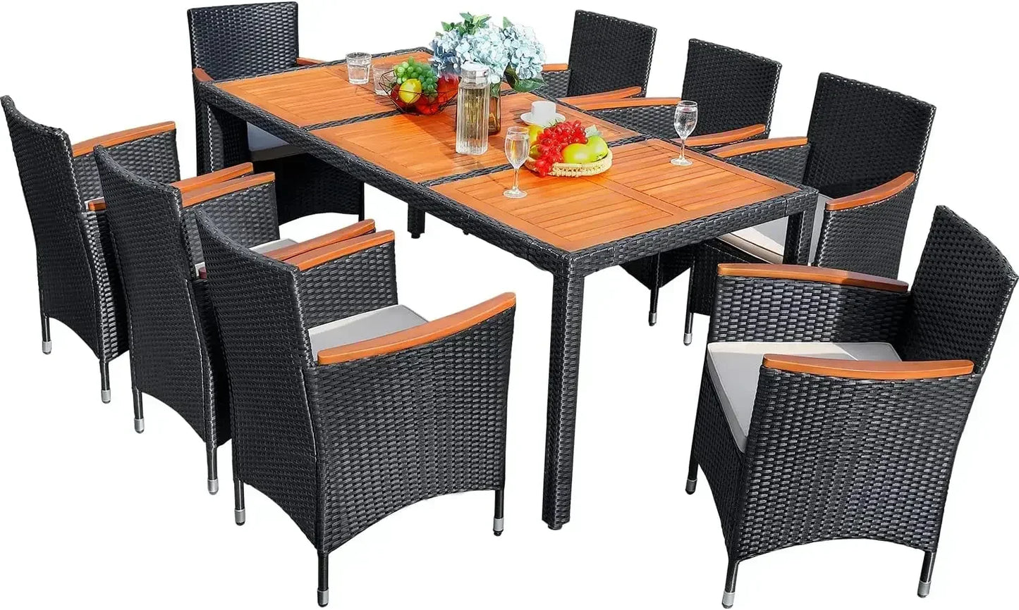 9 Piece Outdoor Patio Dining Set Table And Chairs In Acacia Wood With Cushions