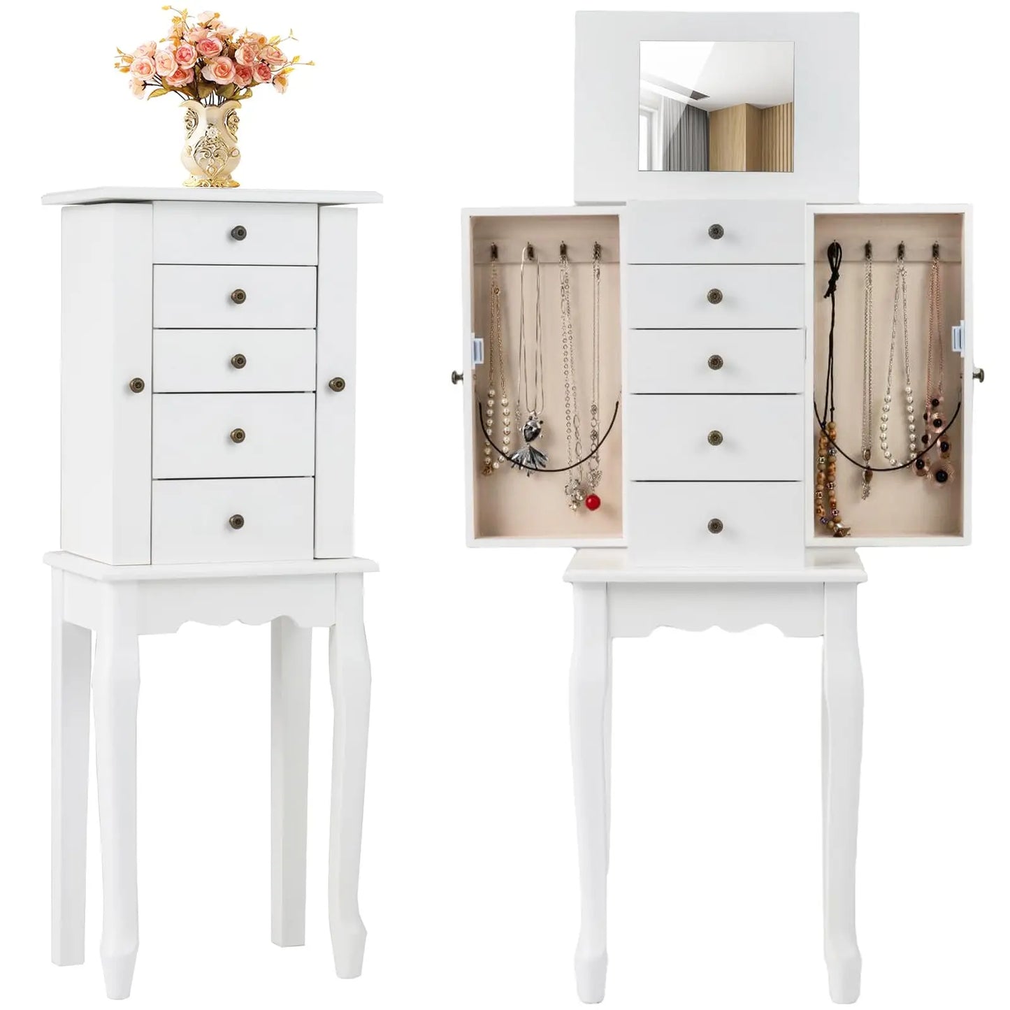 Standing Jewelry Armoire Cabinet With Mirror Top And Drawers