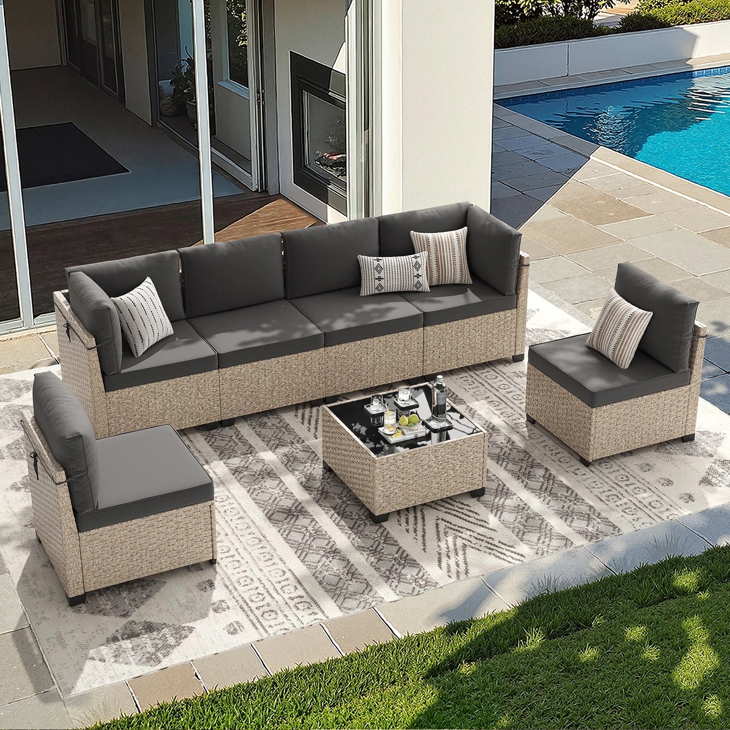Outdoor 7 Piece Furniture Set Sectional Sofa Tempered Glass Table
