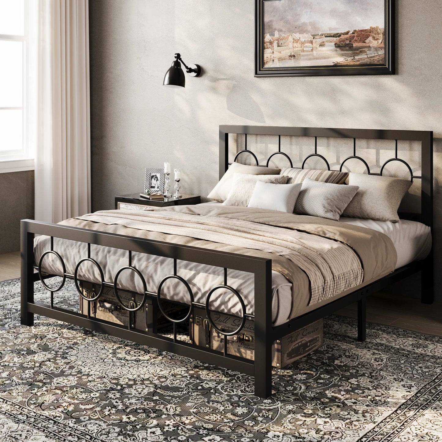 HOOMIC Metal Platform Bed Frame With Vintage Headboard And Storage