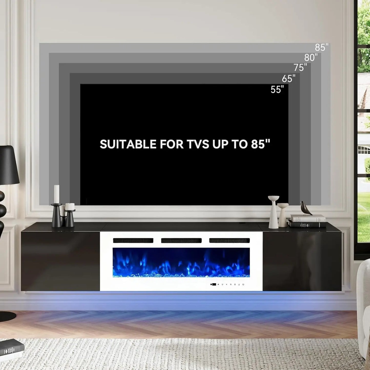 Floating TV Stand With Electric Fireplace And LED Media Console