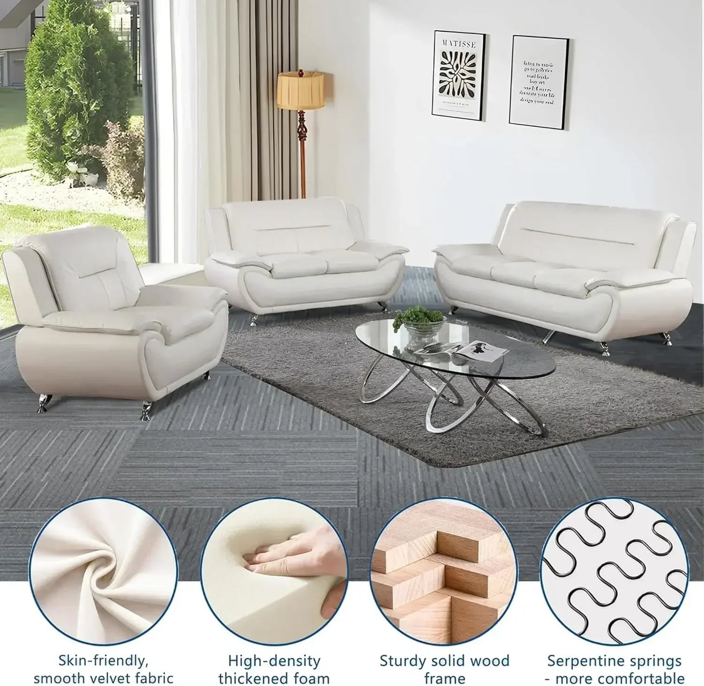 Faux Leather 3 Piece Living Room Couch Set Modern Sofa