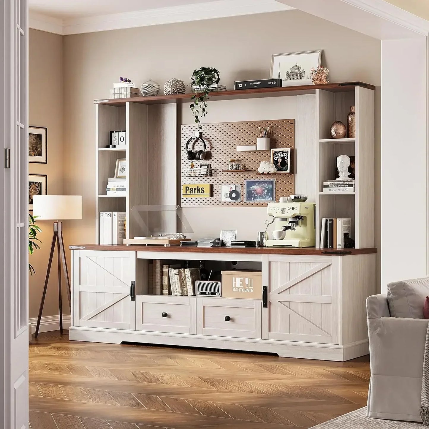 Wood TV Stand Wall Unit Entertainment Center With Adjustable Shelves