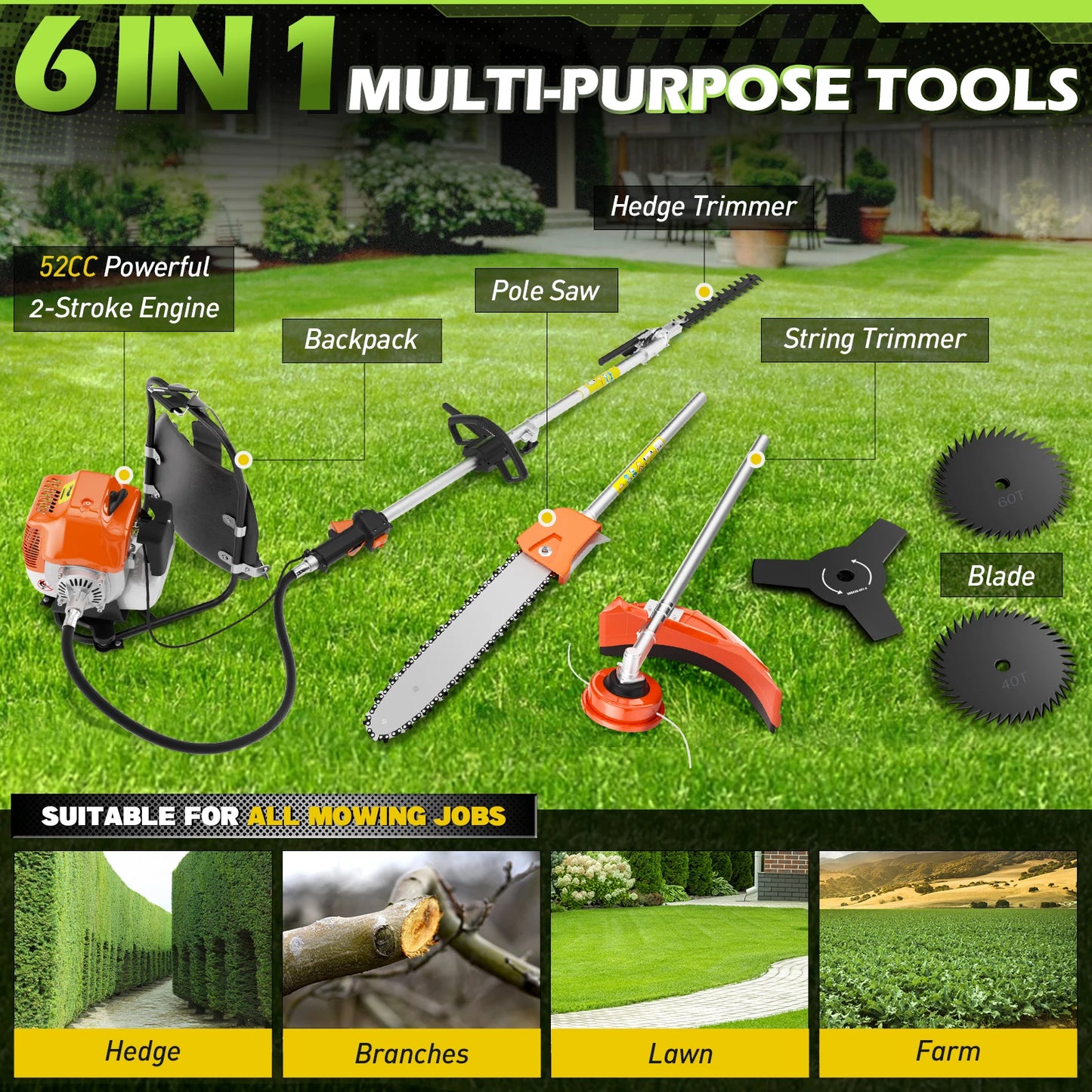 Gas Powered 6 In 1 Hedge Trimmer, Weed Eater, Cutter