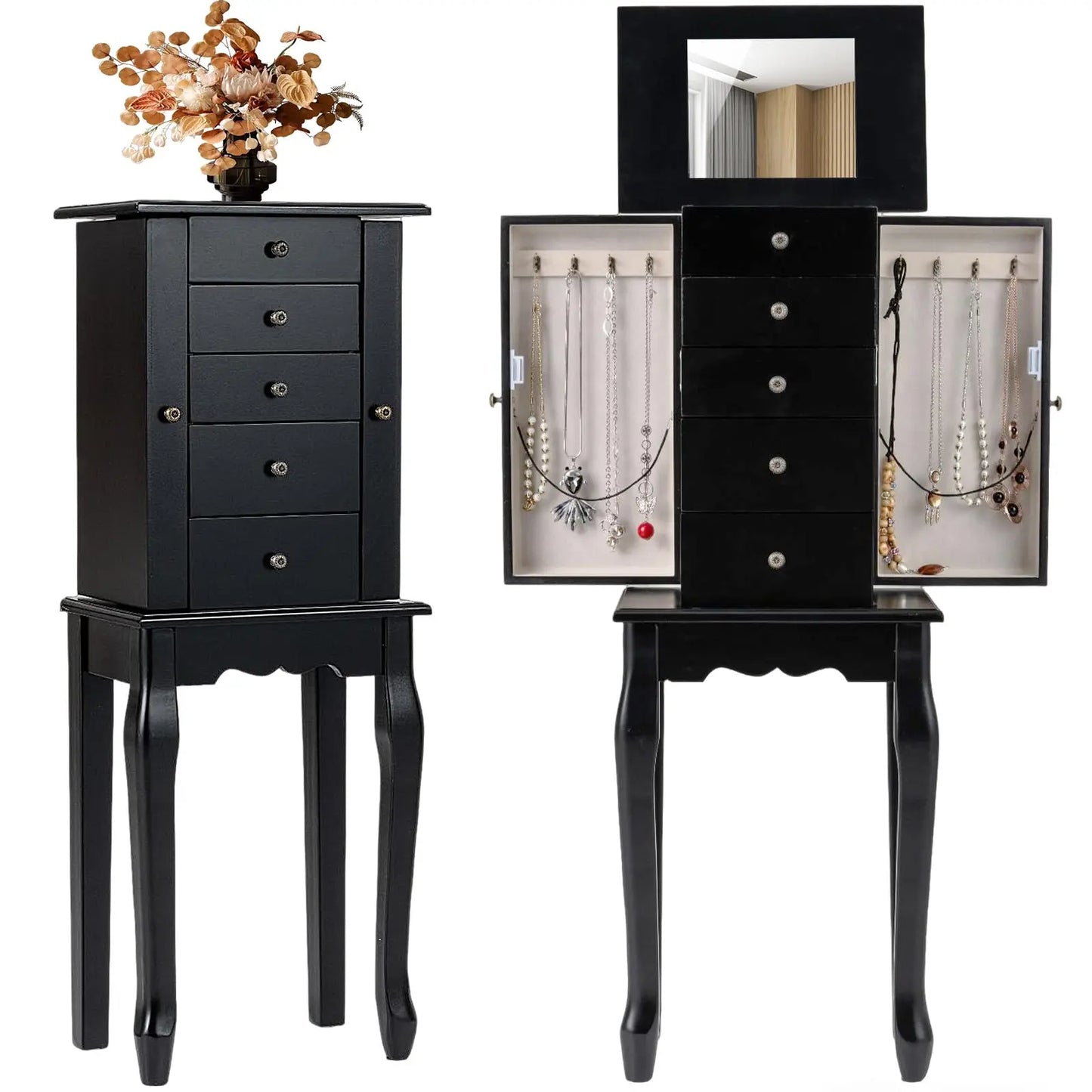 Standing Jewelry Armoire Cabinet With Mirror Top And Drawers