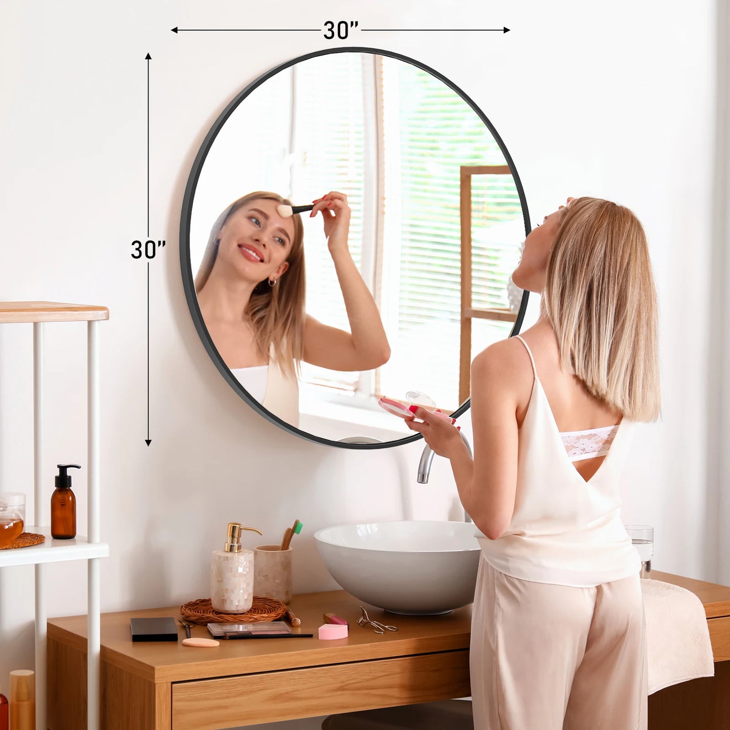 JHK Round Vanity Framed Mirror With Tempered Glass For Wall