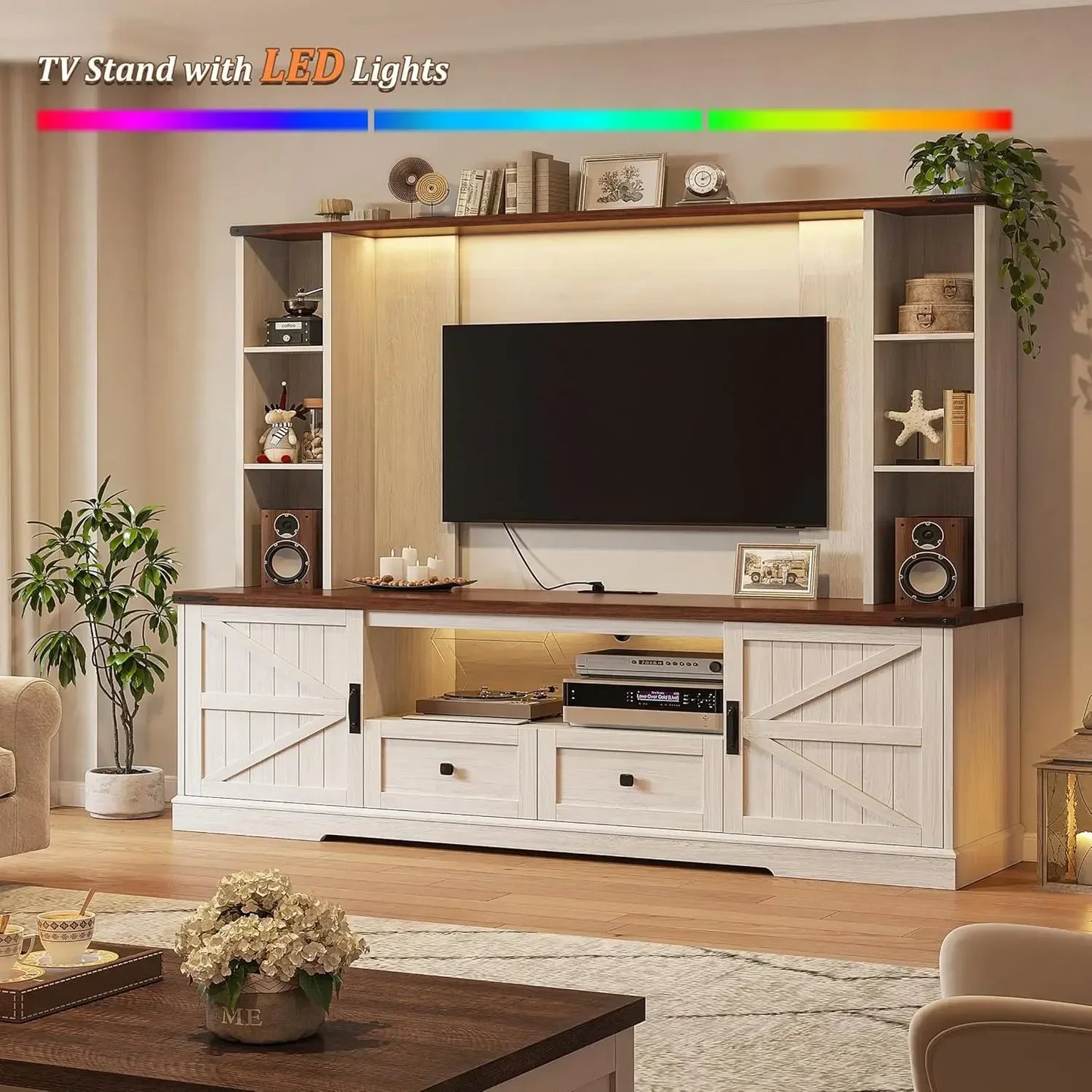 Wood TV Stand Wall Unit Entertainment Center With Adjustable Shelves