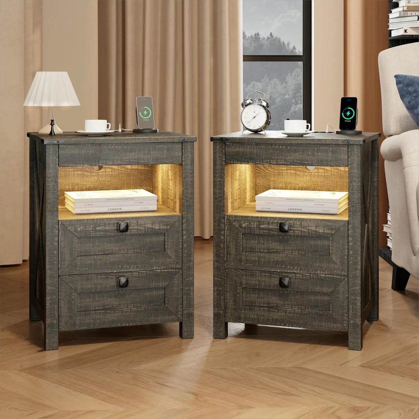 Frame LED Nightstand Set With Charging Station And Drawer