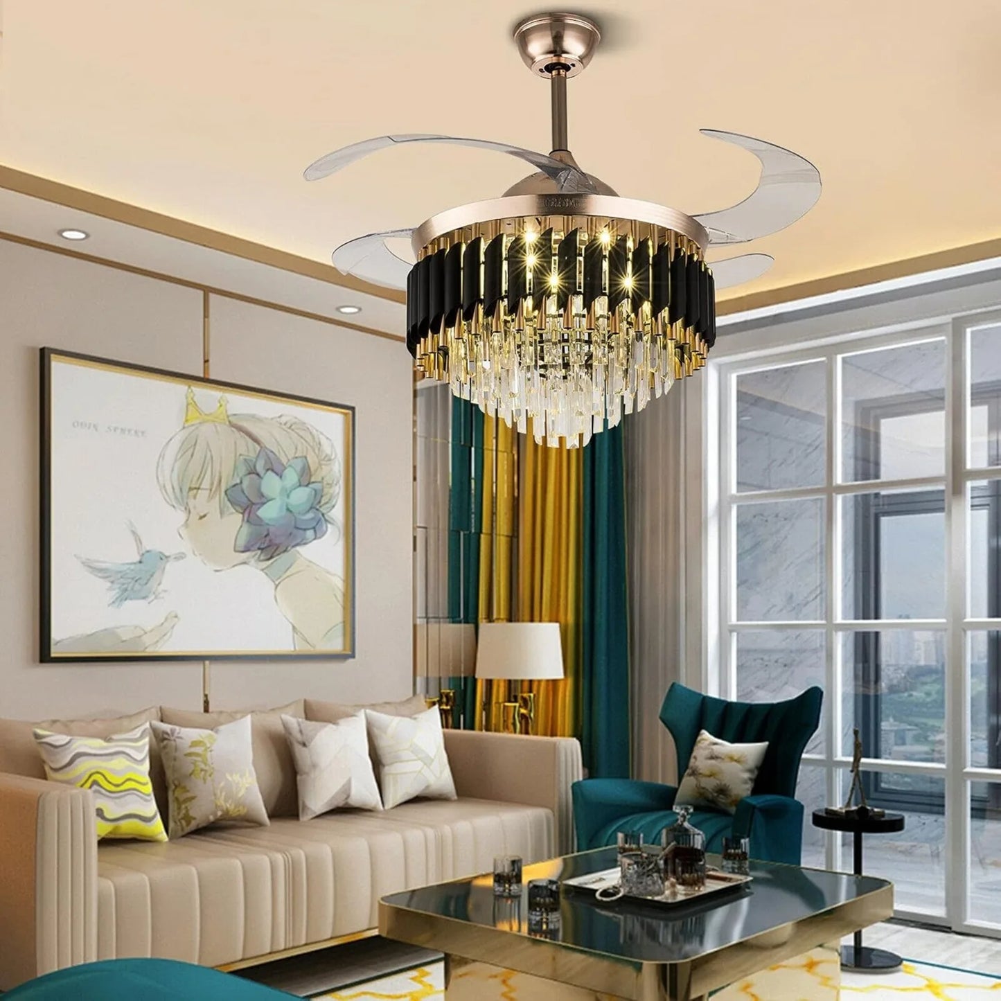 Crystal Ceiling Fan With LED Light And Remote Control