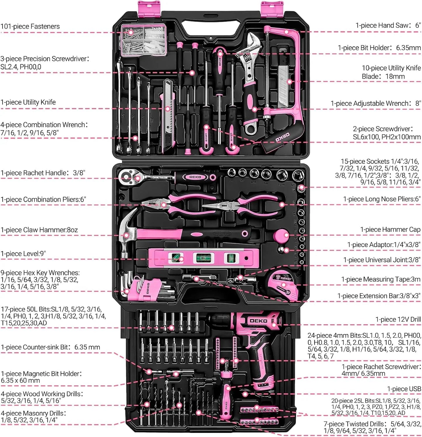 DEKO 12V Cordless Drill Toolbox Set With Organizer Drawer