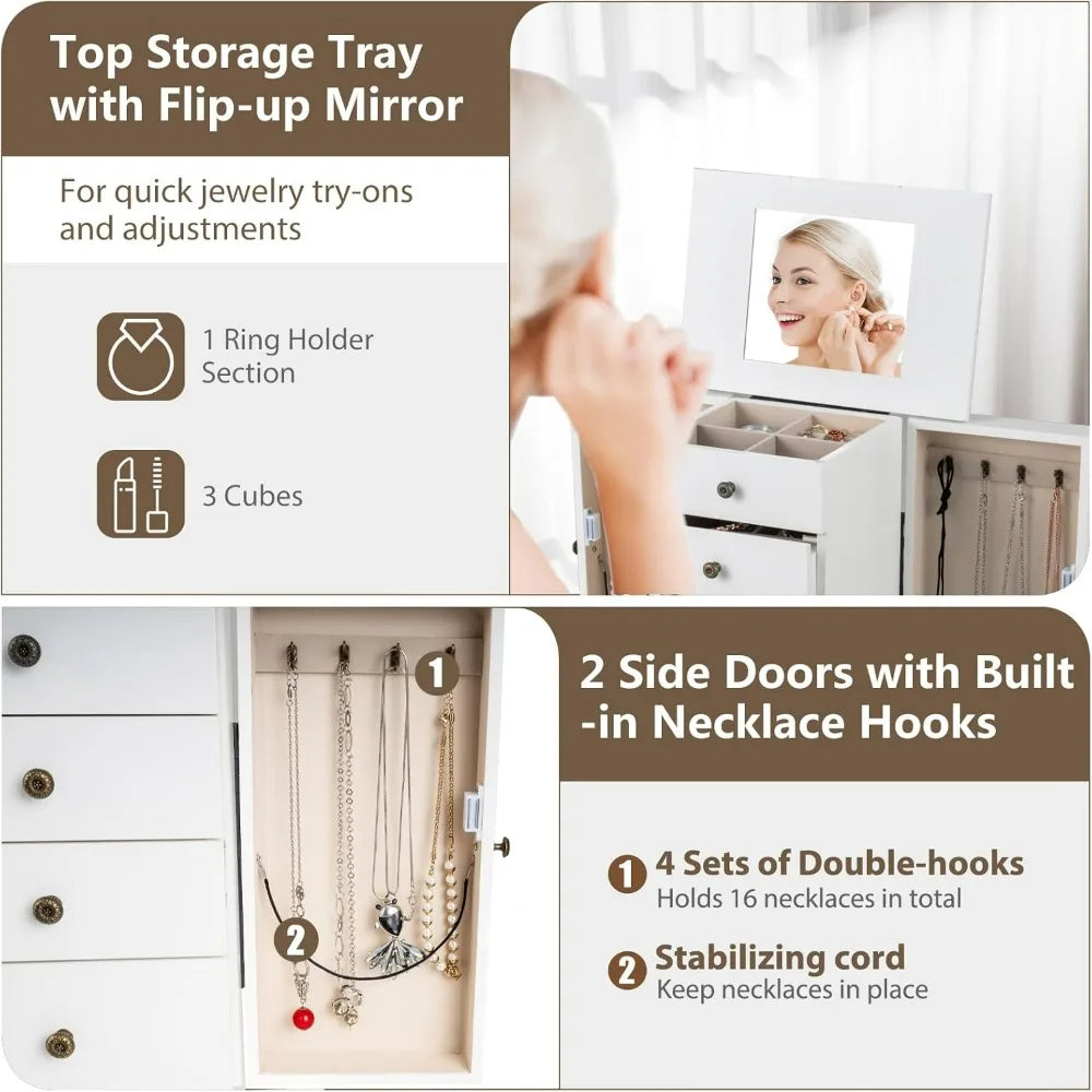 Standing Jewelry Armoire Cabinet With Mirror Top And Drawers
