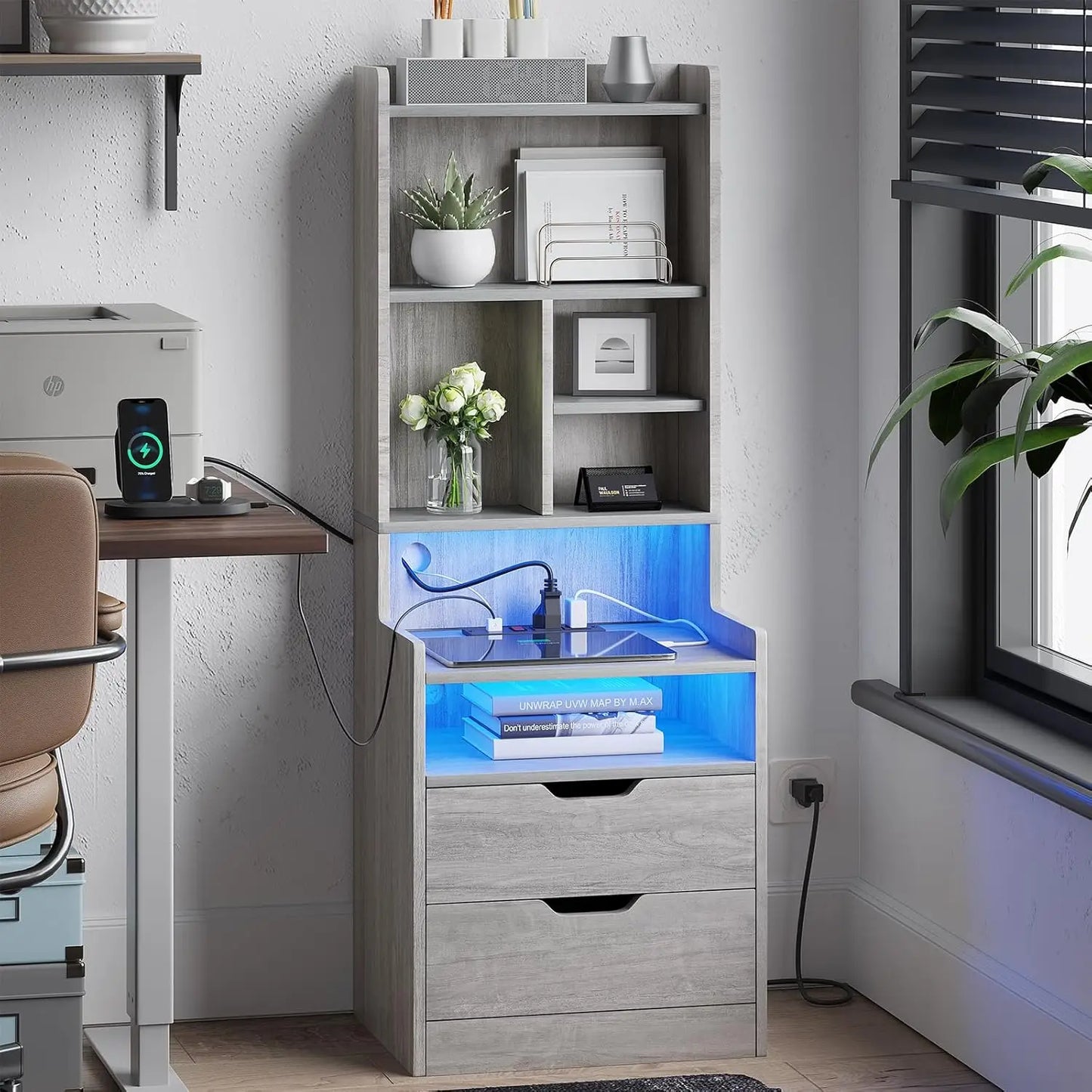 Tall Nightstand With Charging Station Led Lights And Bookshelf