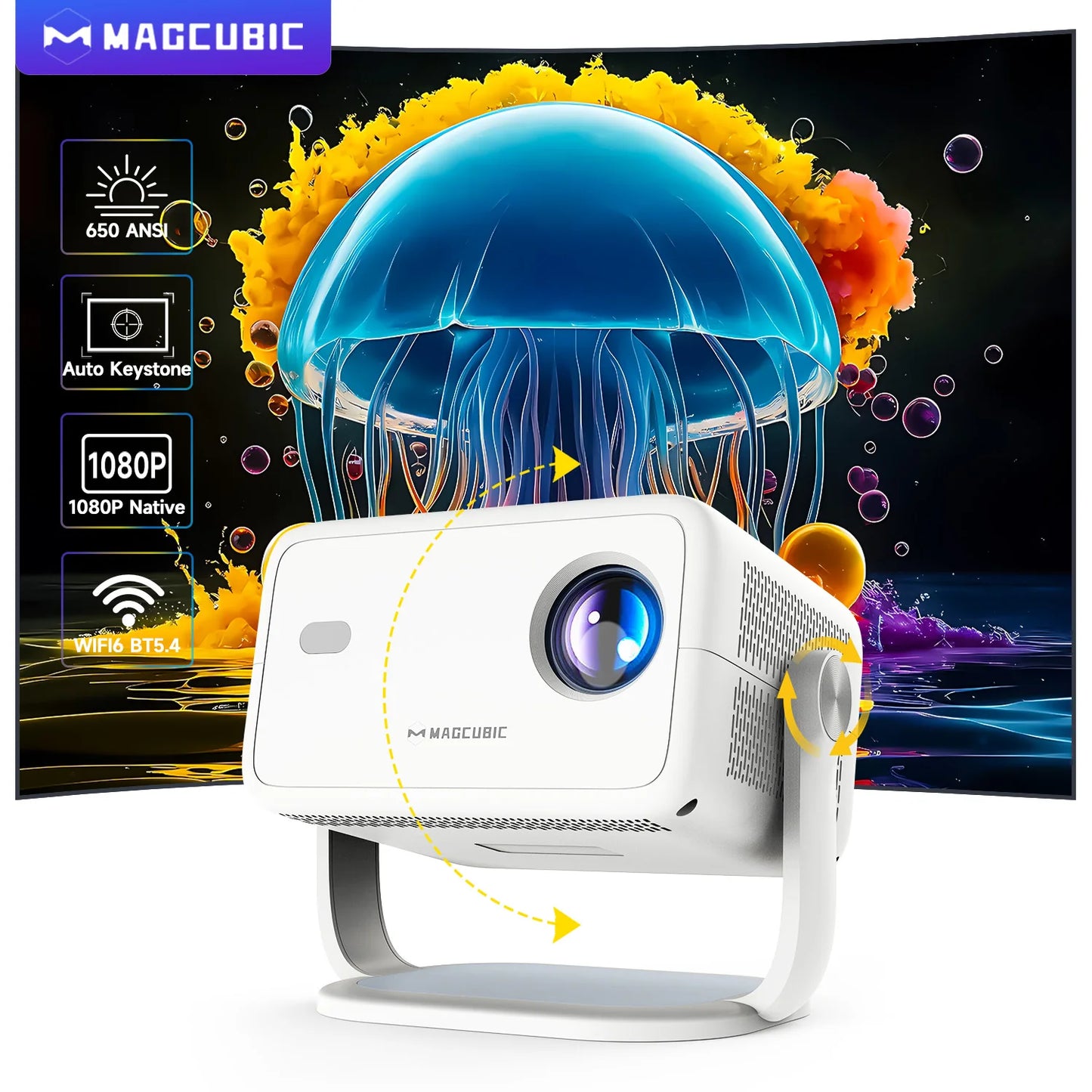 Magcubic Native 1080P Projector Android Auto Keystone WiFi6 BT5.4