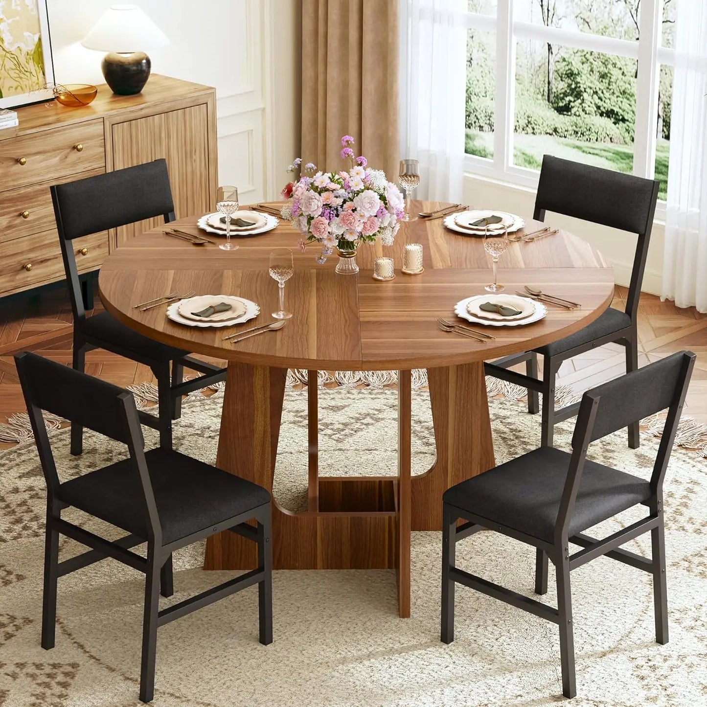 Round Dining Table Set for Six with Wood Base and Modern Style