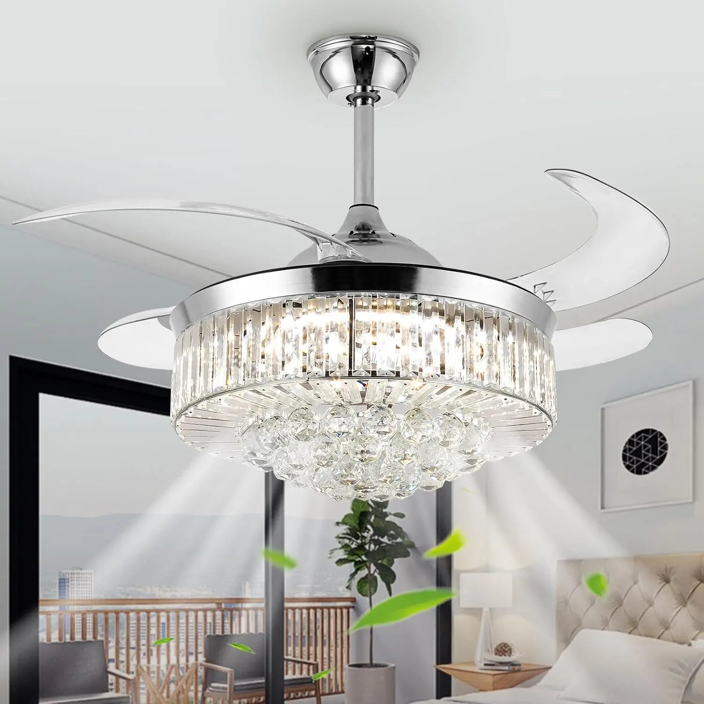 Crystal Ceiling Fan With Light Remote Retractable Blades Six Speeds