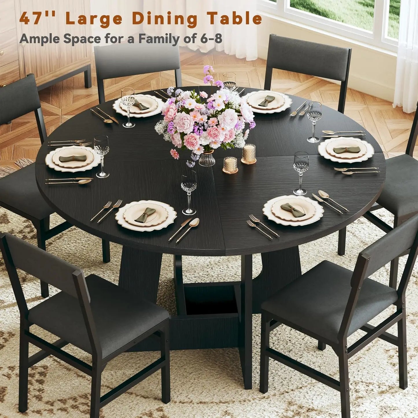 Round Dining Table Set for Six with Wood Base and Modern Style