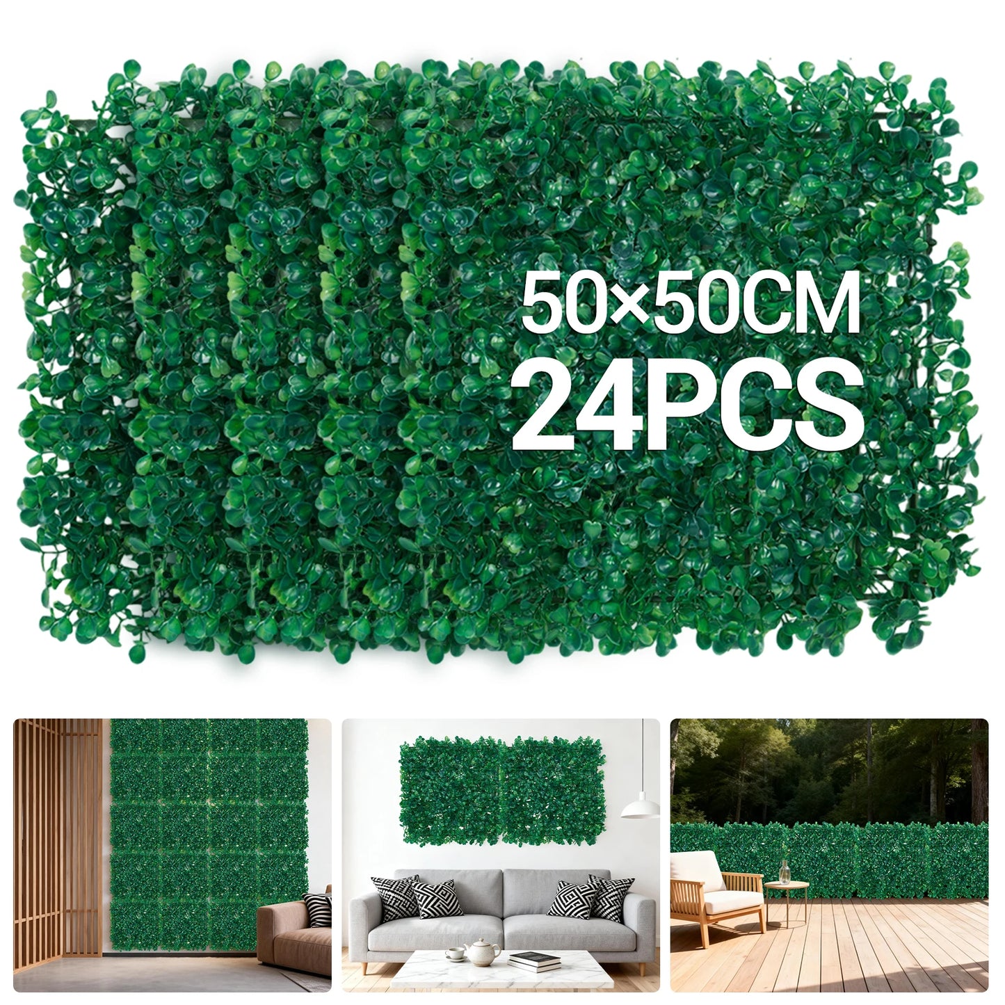 12/24 pcs Artificial Boxwood Hedge Wall Panels,25x25 cm/50x50 cm Artificial Grass Wall Backdrop,Greenery Screen Fence for Garden