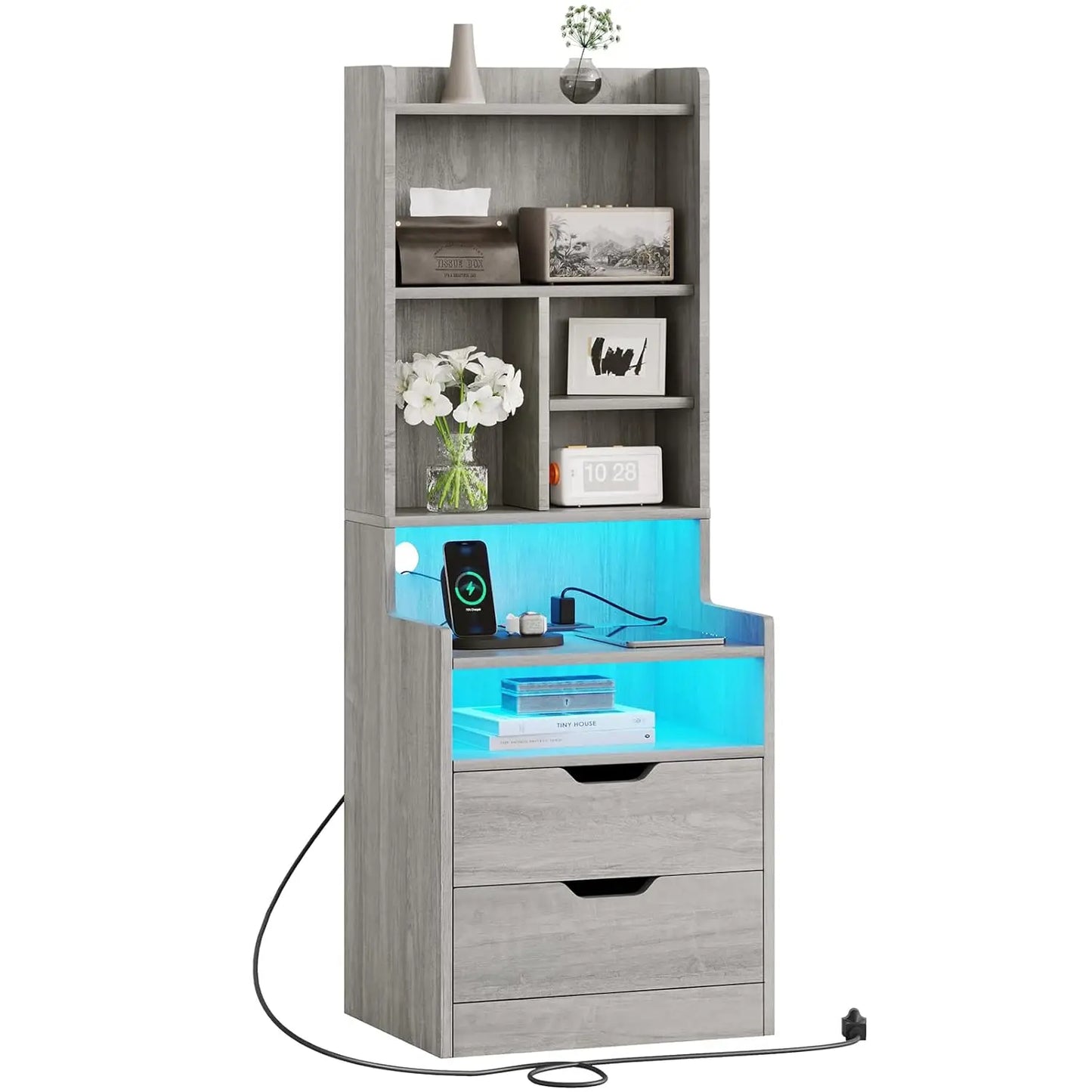 Tall Nightstand With Charging Station Led Lights And Bookshelf