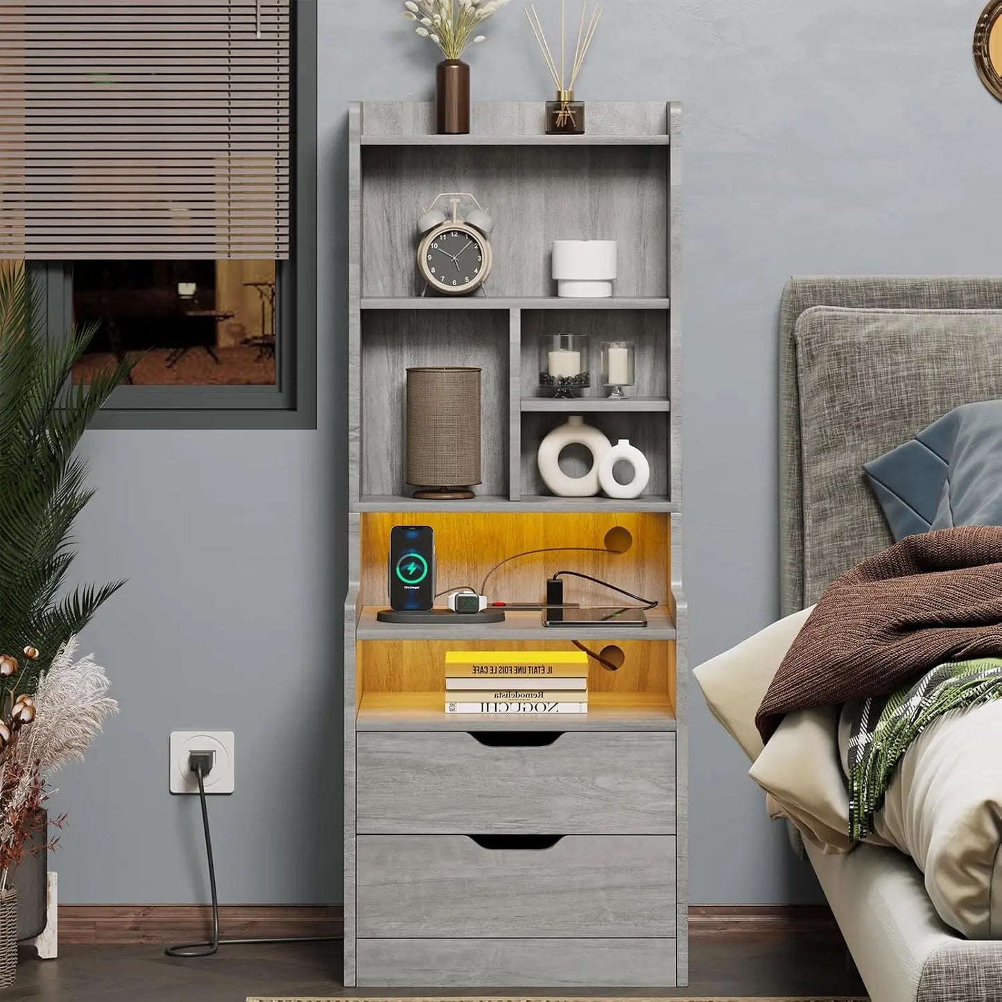 Tall Nightstand With Charging Station Led Lights And Bookshelf