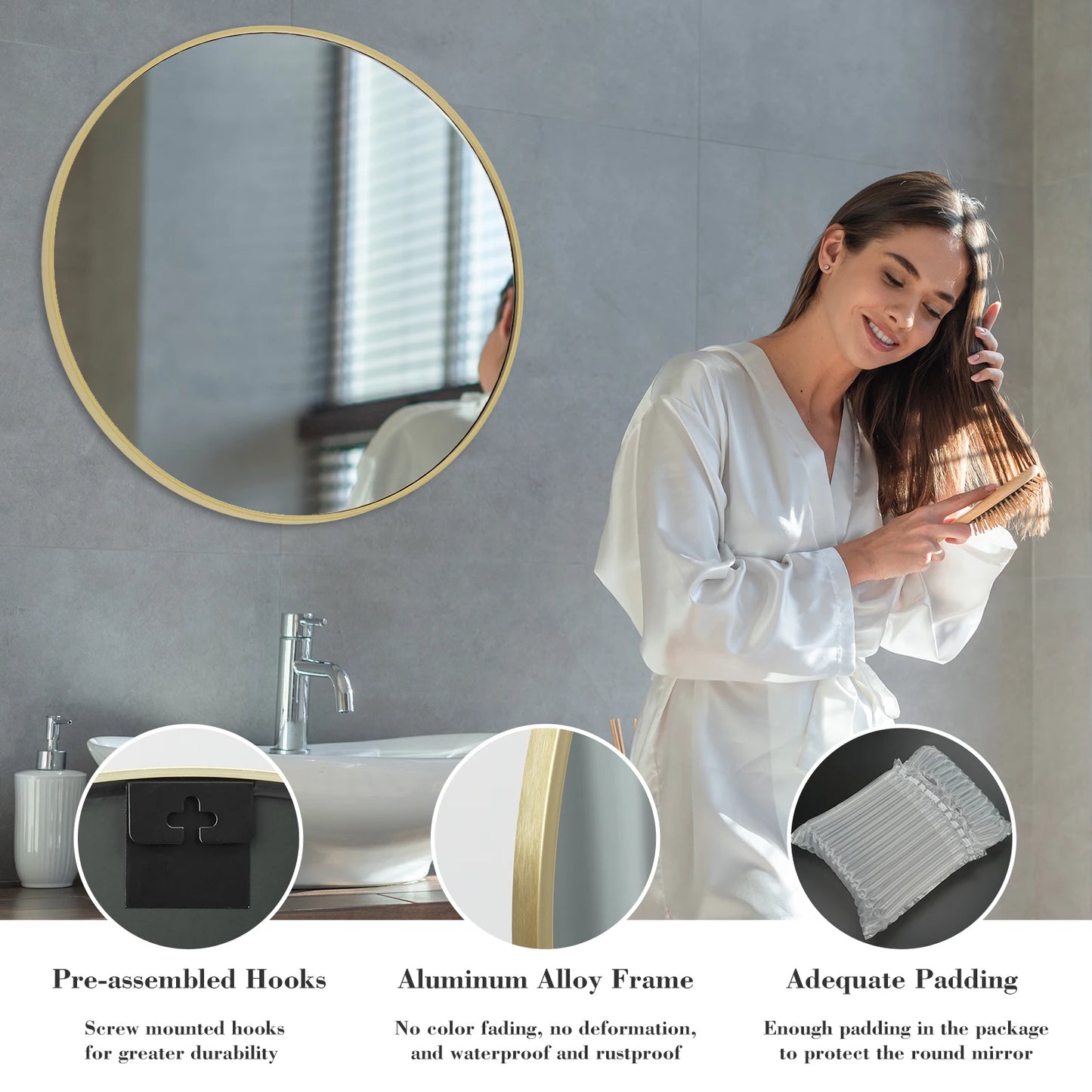 JHK Round Vanity Framed Mirror With Tempered Glass For Wall