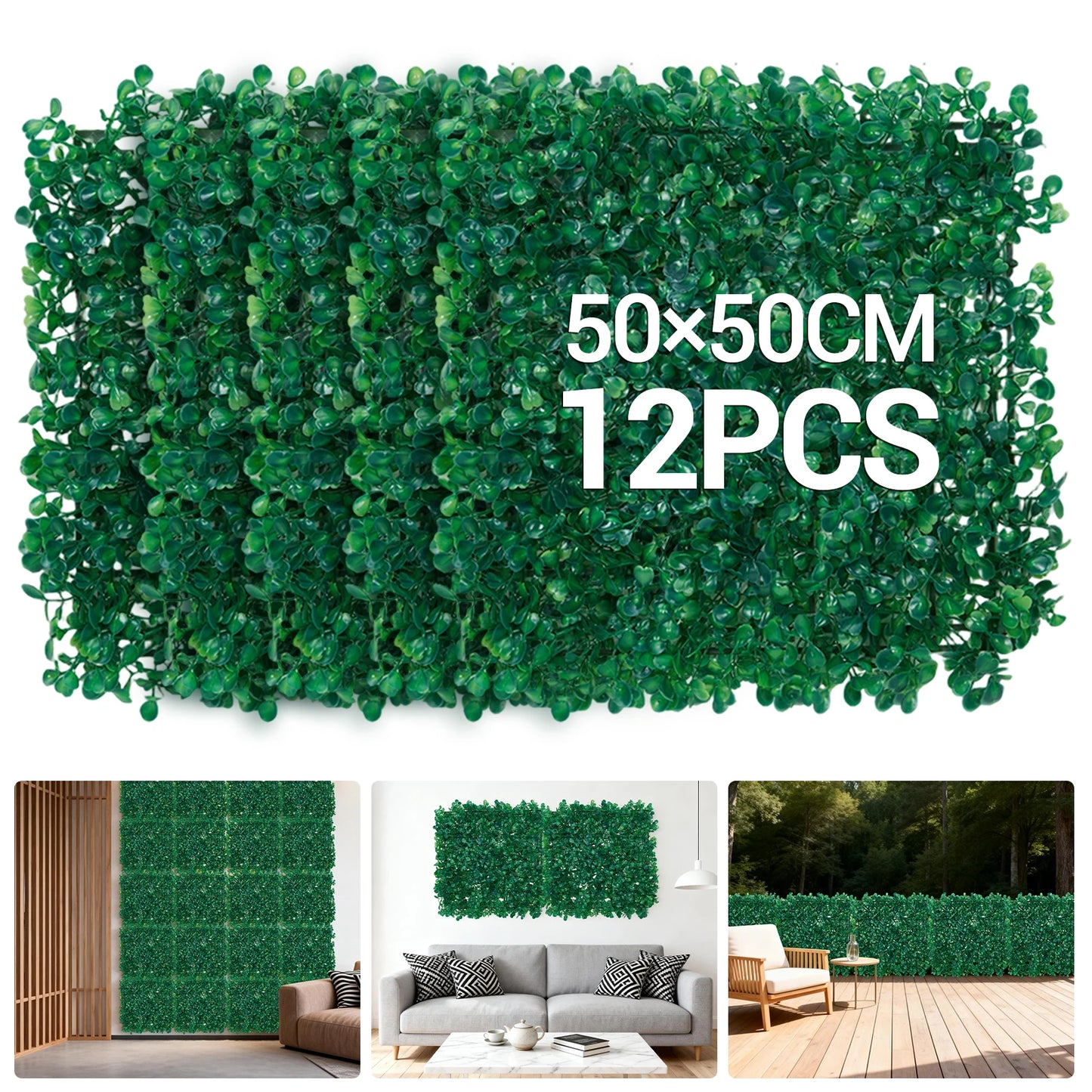 12/24 pcs Artificial Boxwood Hedge Wall Panels,25x25 cm/50x50 cm Artificial Grass Wall Backdrop,Greenery Screen Fence for Garden