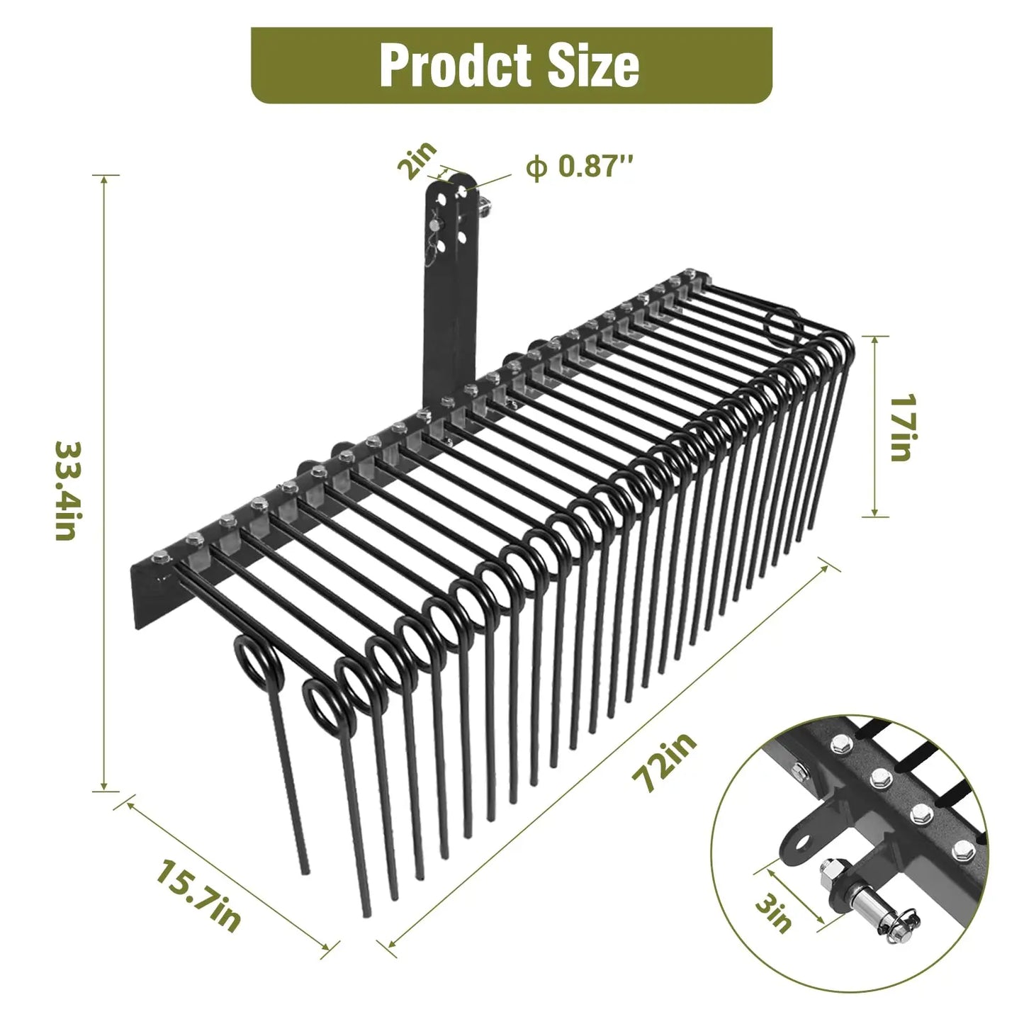 HiMISS 72 Inch Pine Straw Rake With Coil Spring Tines
