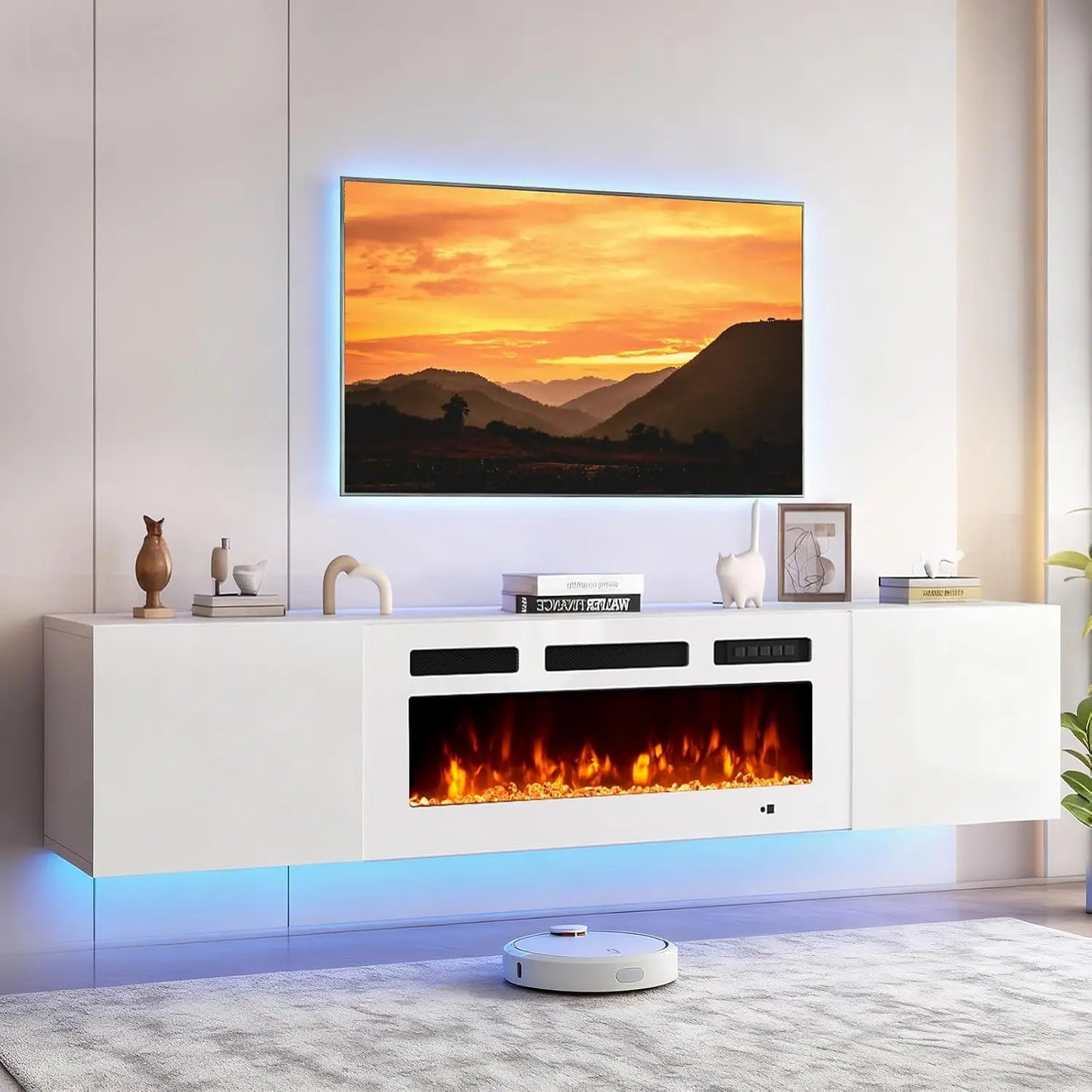 Wall Mount Floating TV Stand With LED Storage And Fireplace