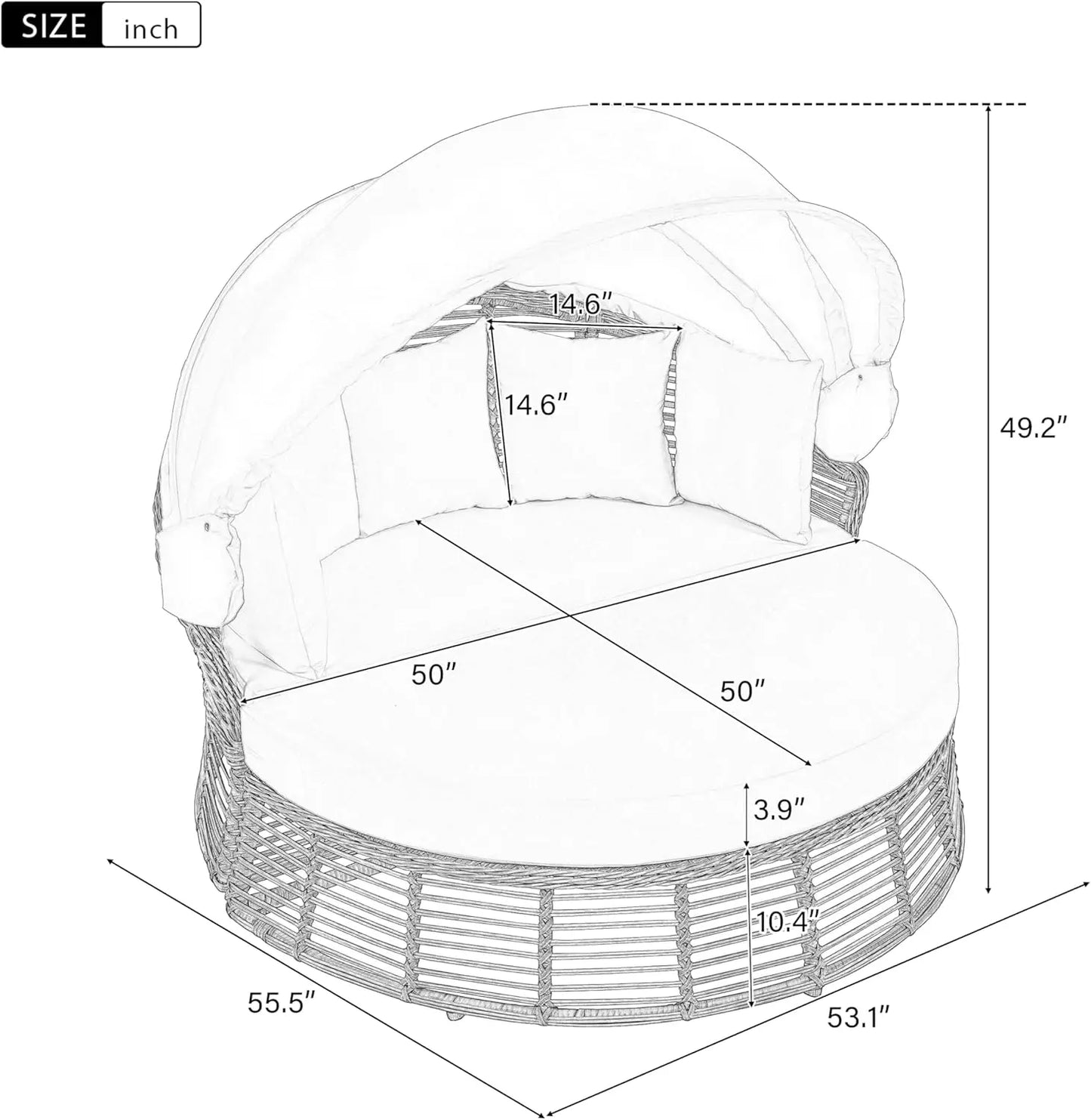 Outdoor Patio Rattan Round Daybed With Retractable Canopy Poolside
