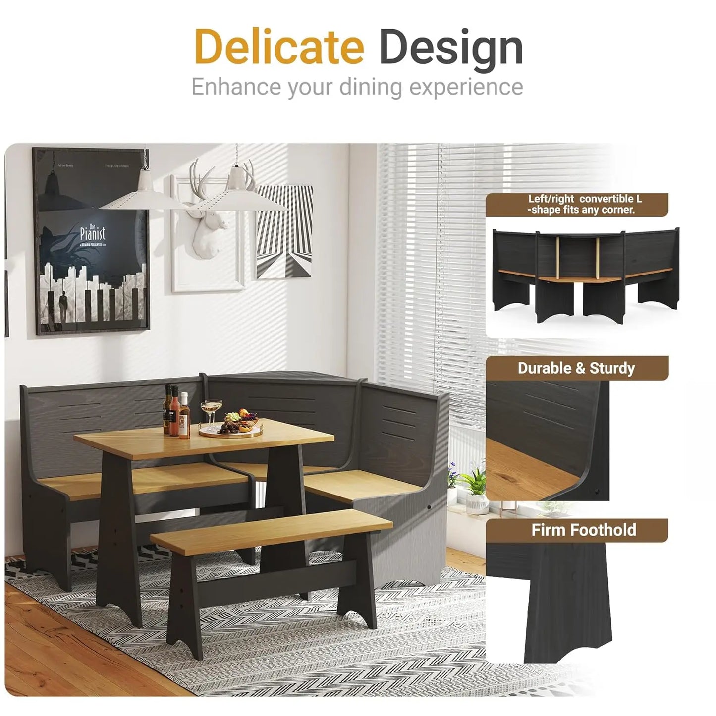 L-Shaped Breakfast Nook Set With Hidden Storage Bench