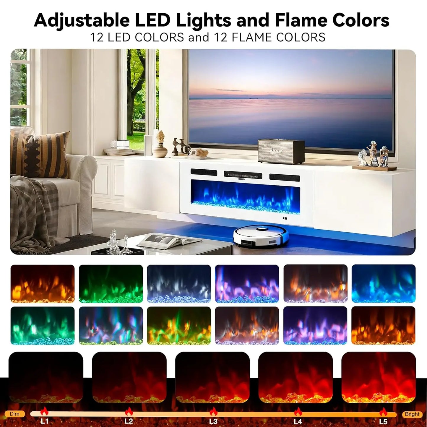 Wall Mount Floating TV Stand With LED Storage And Fireplace