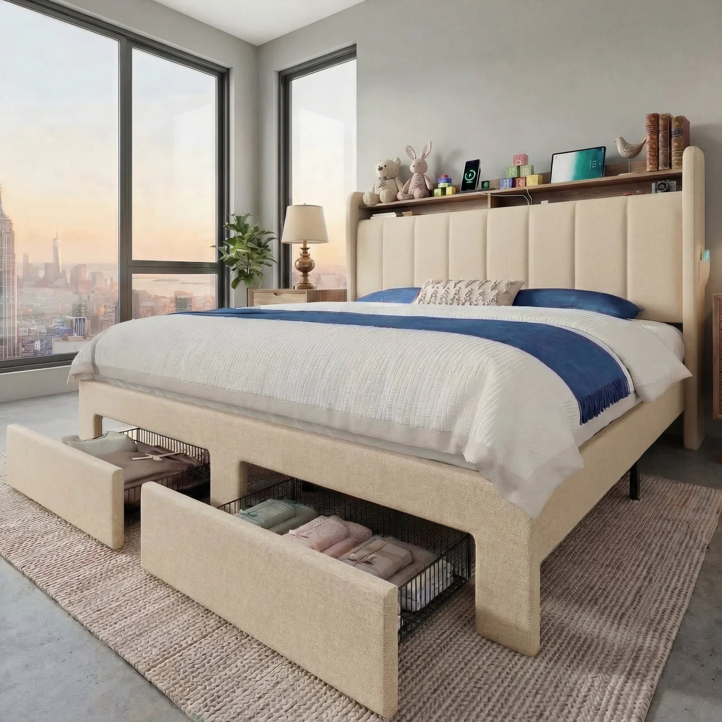 HOOMIC Bed Frame With LED Lights, Storage Drawers, Charging Station