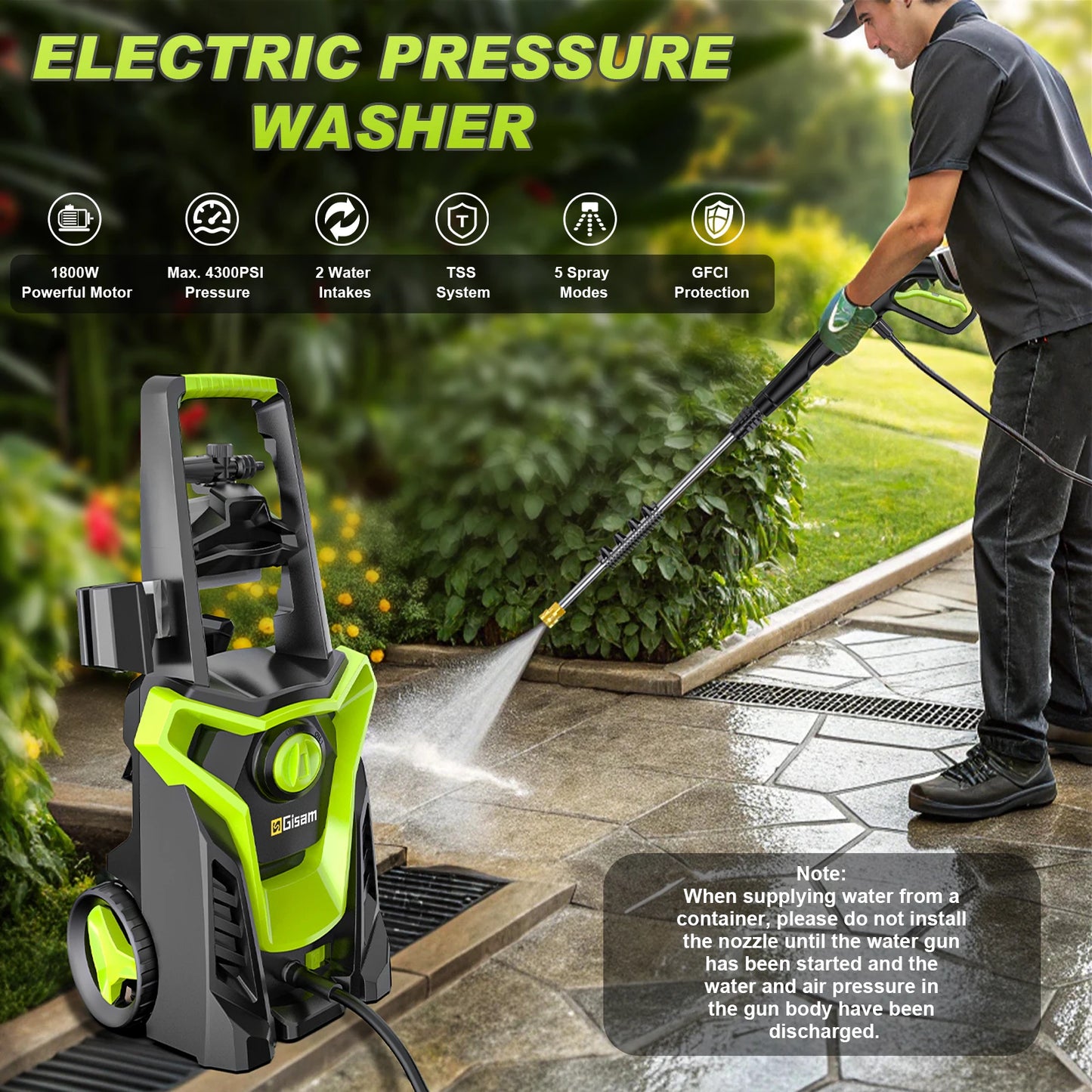 Gisam 4800PSI 1800W Electric Pressure Washer For Car And Home