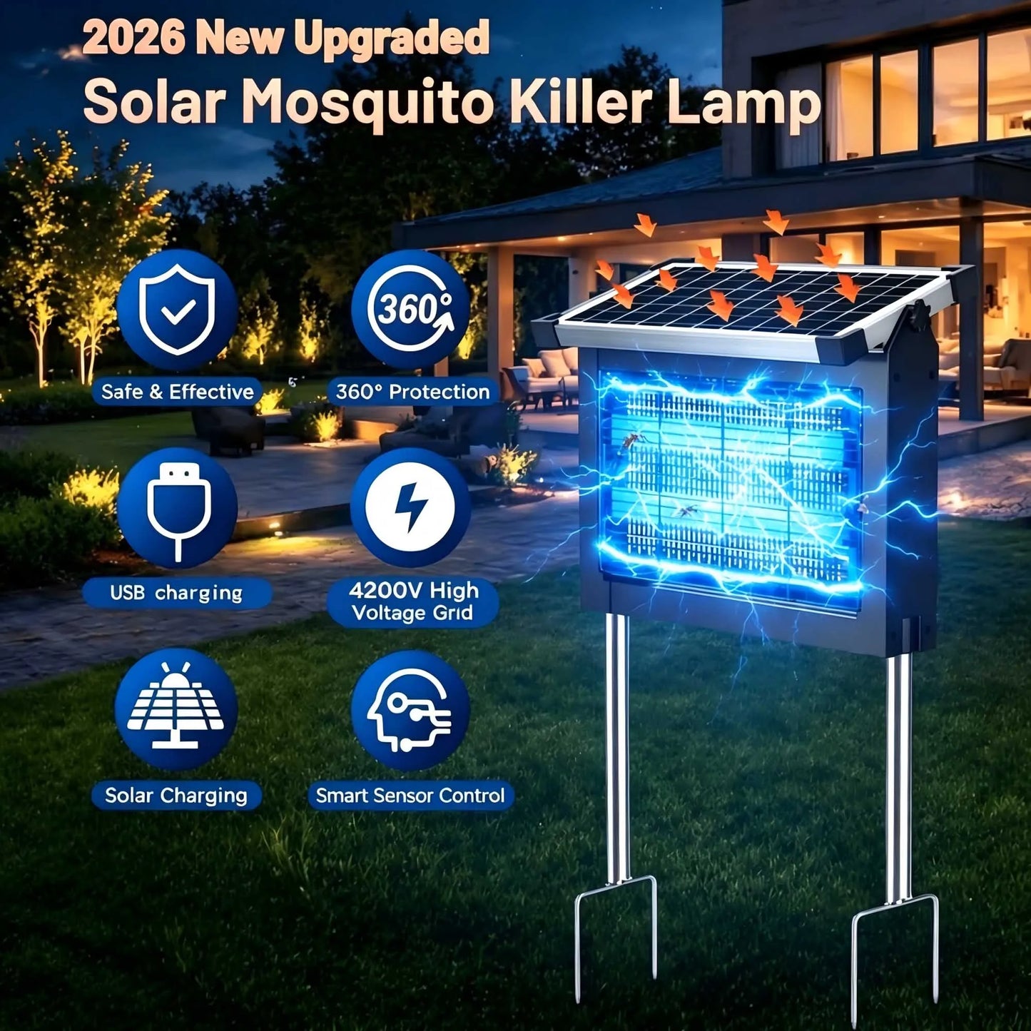 Solar Bug Zapper Outdoor 4500V Waterproof With Panel Sensor