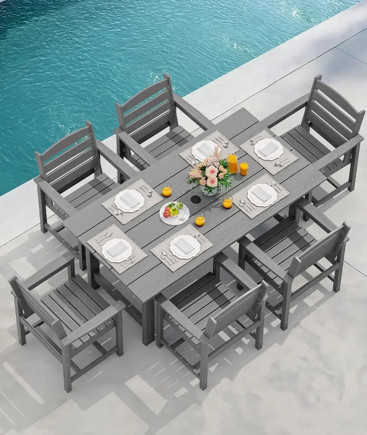 Outdoor HDPE Dining Table Set With Umbrella Hole Cutout