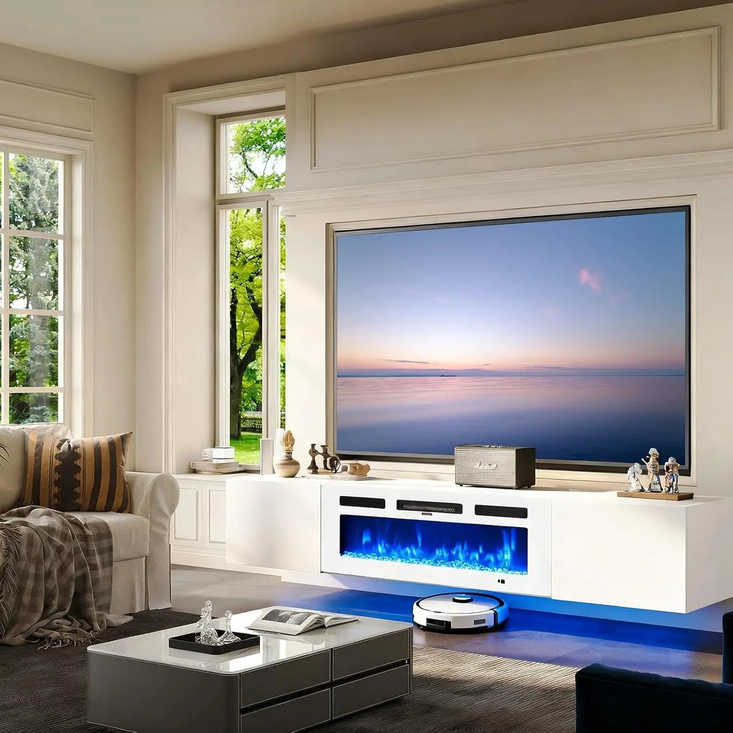 Wall Mount Floating TV Stand With LED Storage And Fireplace