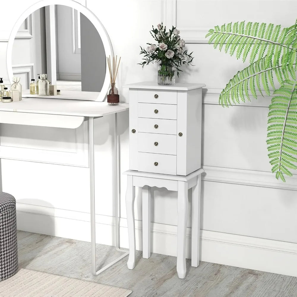 Standing Jewelry Armoire Cabinet With Mirror Top And Drawers