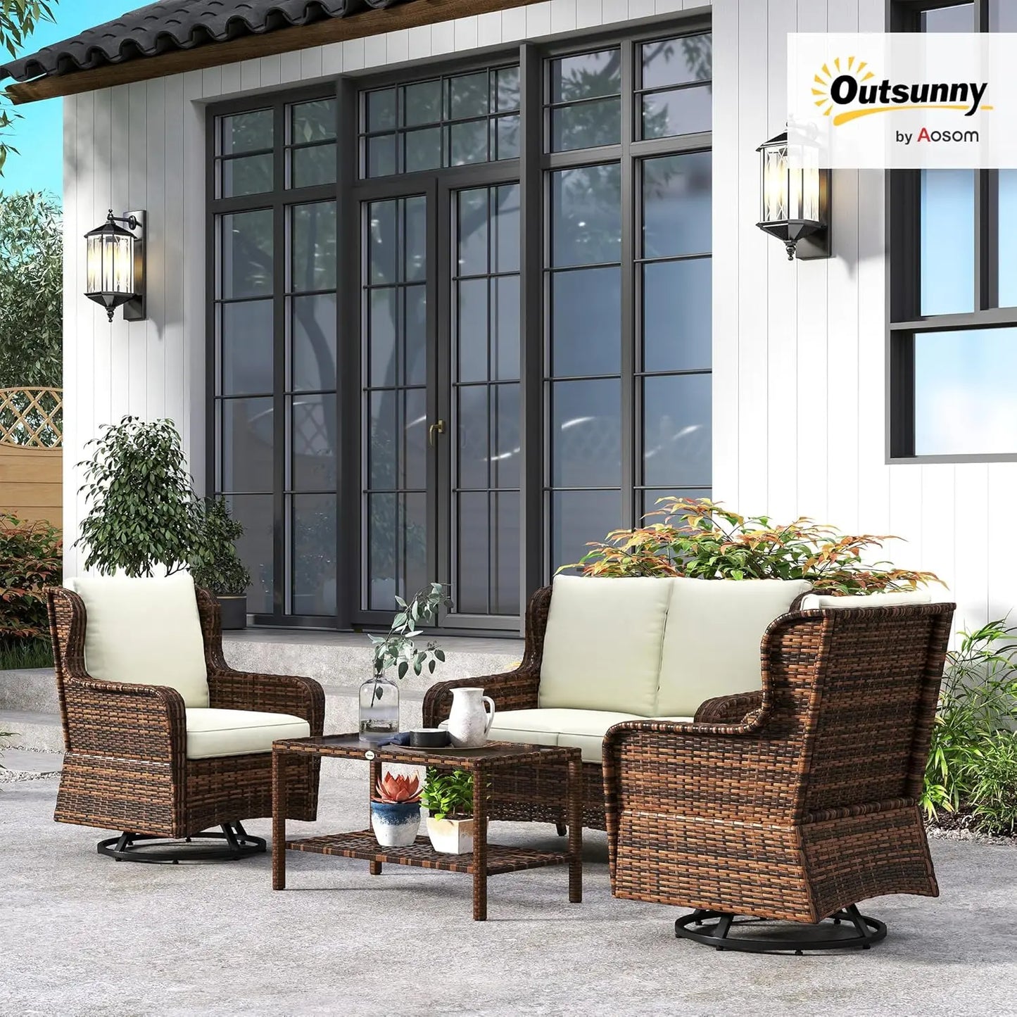 Outdoor PE Rattan Patio Set With Swivel Chairs