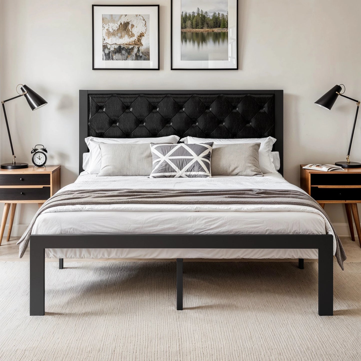 HOOMIC Metal Bed Frame With Upholstered Headboard, Sturdy Foundation