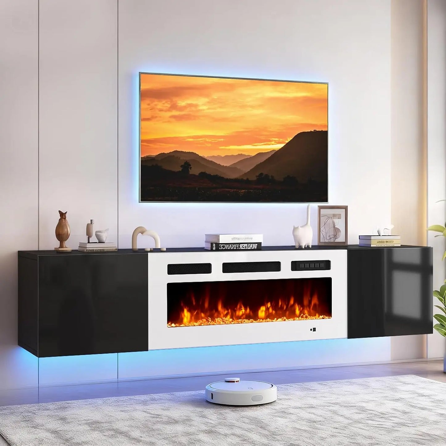 Wall Mount Floating TV Stand With LED Storage And Fireplace
