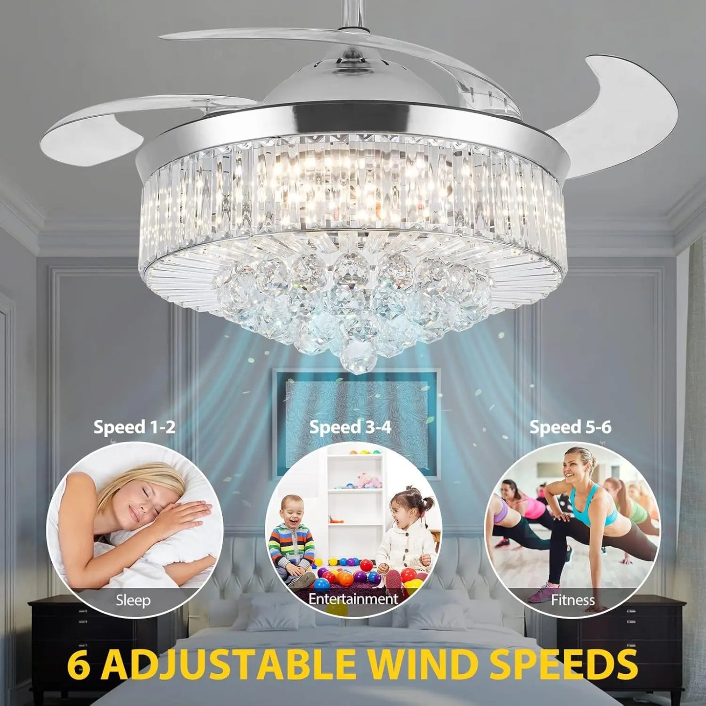 Crystal Ceiling Fan With Light Remote Retractable Blades Six Speeds