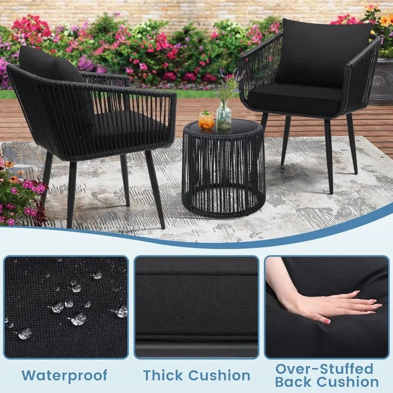 3 Piece Patio Rattan Bistro Conversation Set Outdoor Wicker Furniture