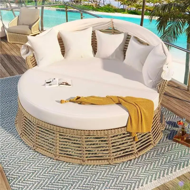 Outdoor Patio Rattan Round Daybed With Retractable Canopy Poolside