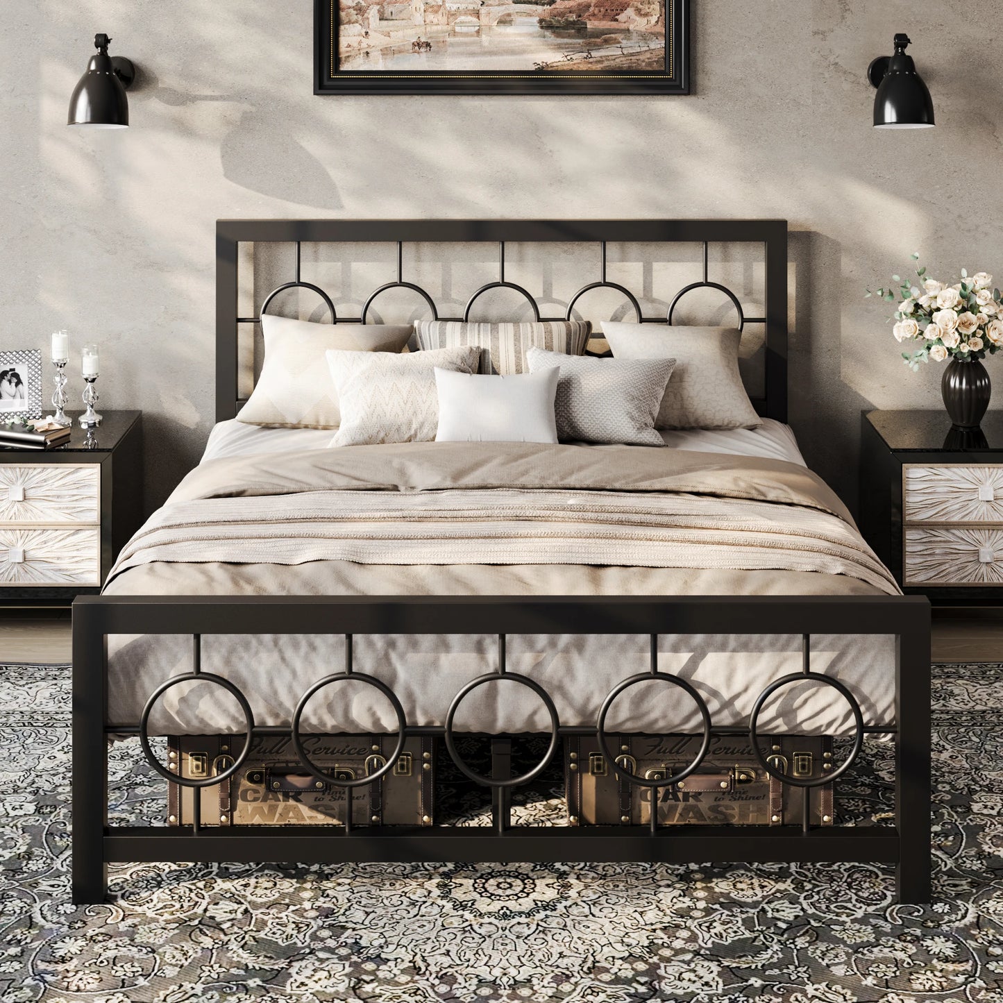 HOOMIC Metal Platform Bed Frame With Vintage Headboard And Storage
