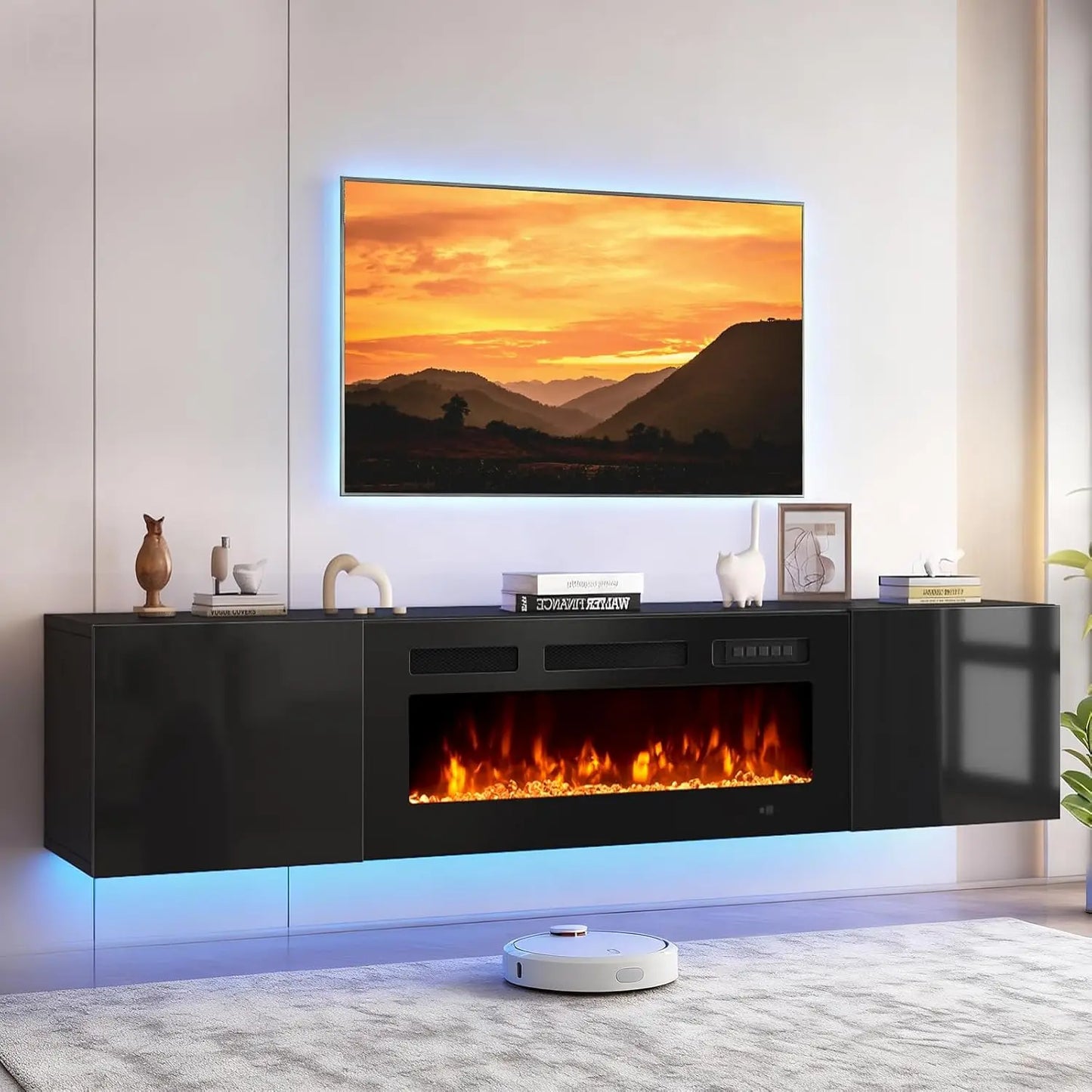 Wall Mount Floating TV Stand With LED Storage And Fireplace