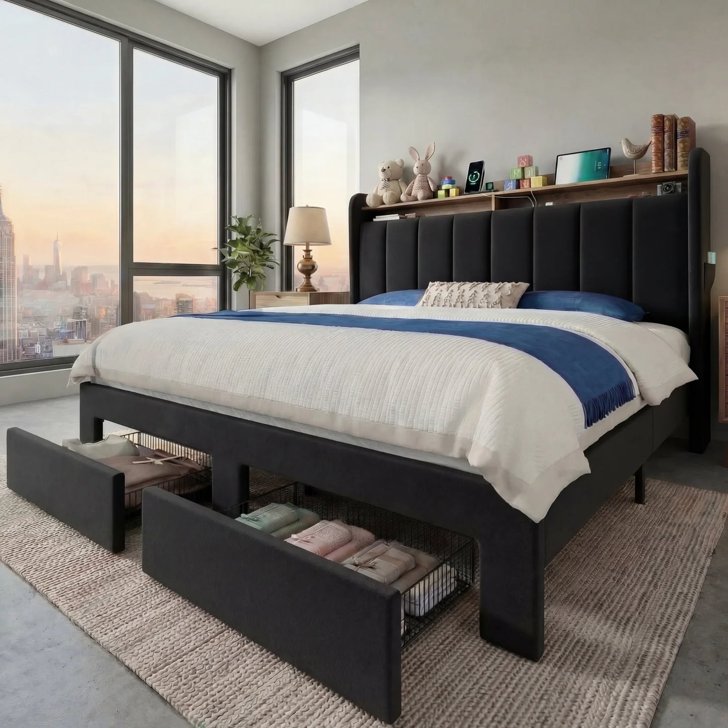 HOOMIC Bed Frame With LED Lights, Storage Drawers, Charging Station