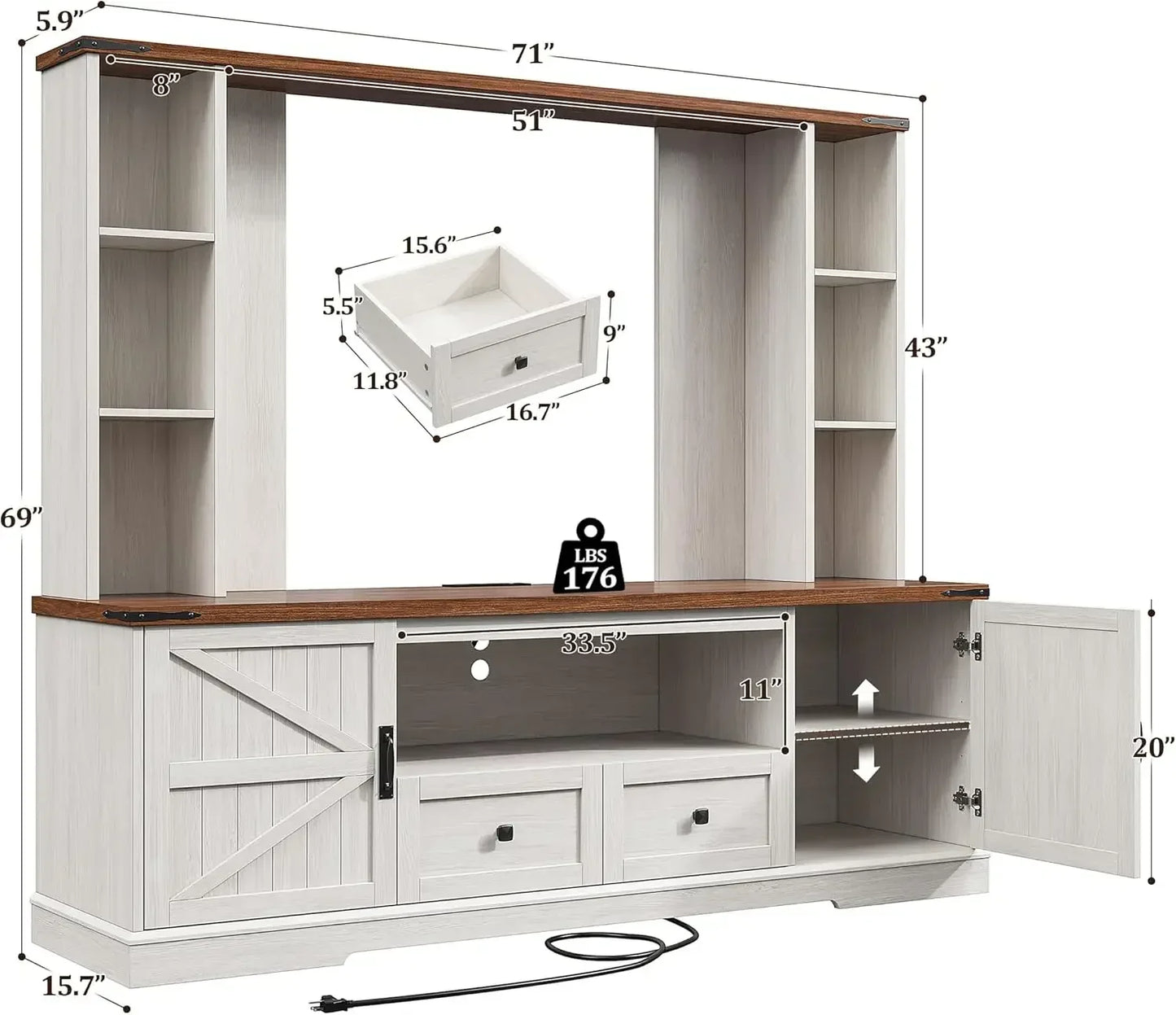 Wood TV Stand Wall Unit Entertainment Center With Adjustable Shelves