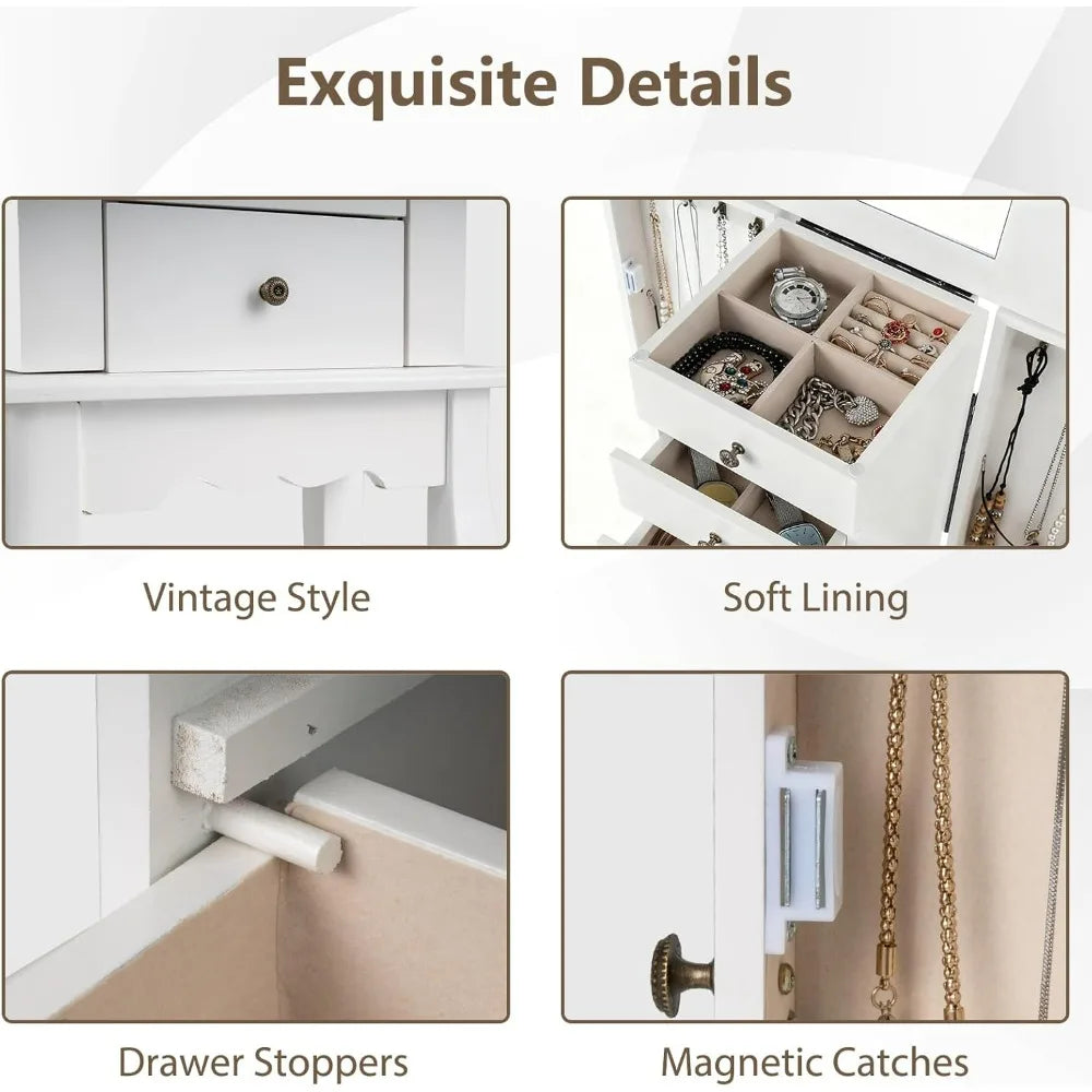 Standing Jewelry Armoire Cabinet With Mirror Top And Drawers