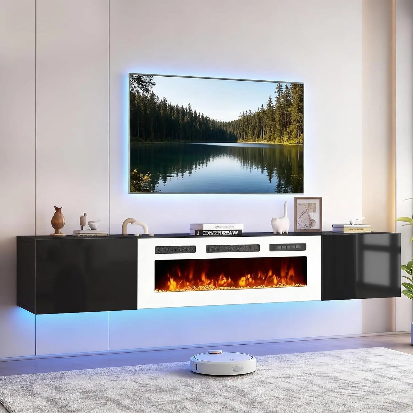 Floating TV Stand With Electric Fireplace And LED Media Console